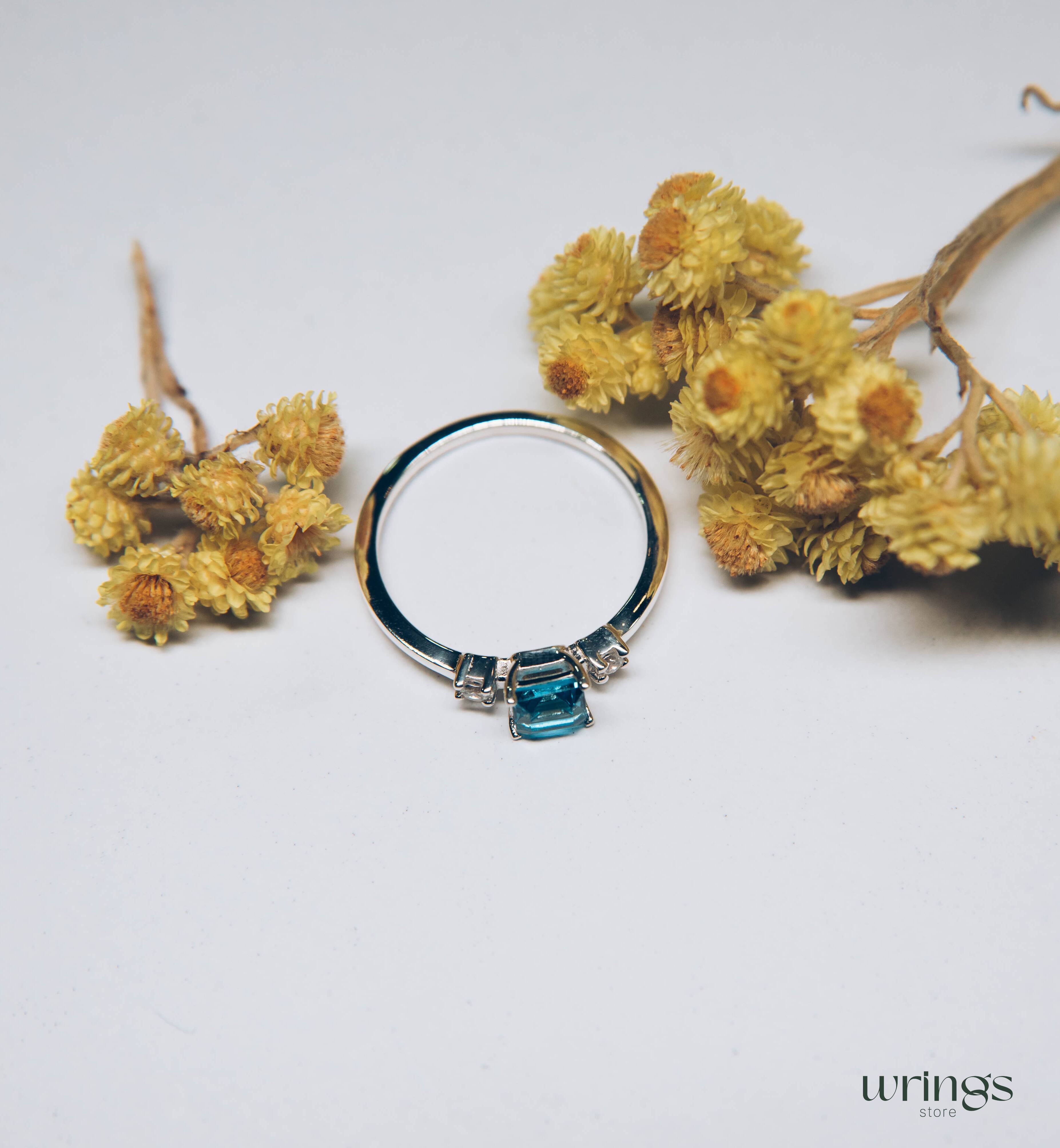 Square Swiss Topaz 3 Stone Engagement Ring Silver