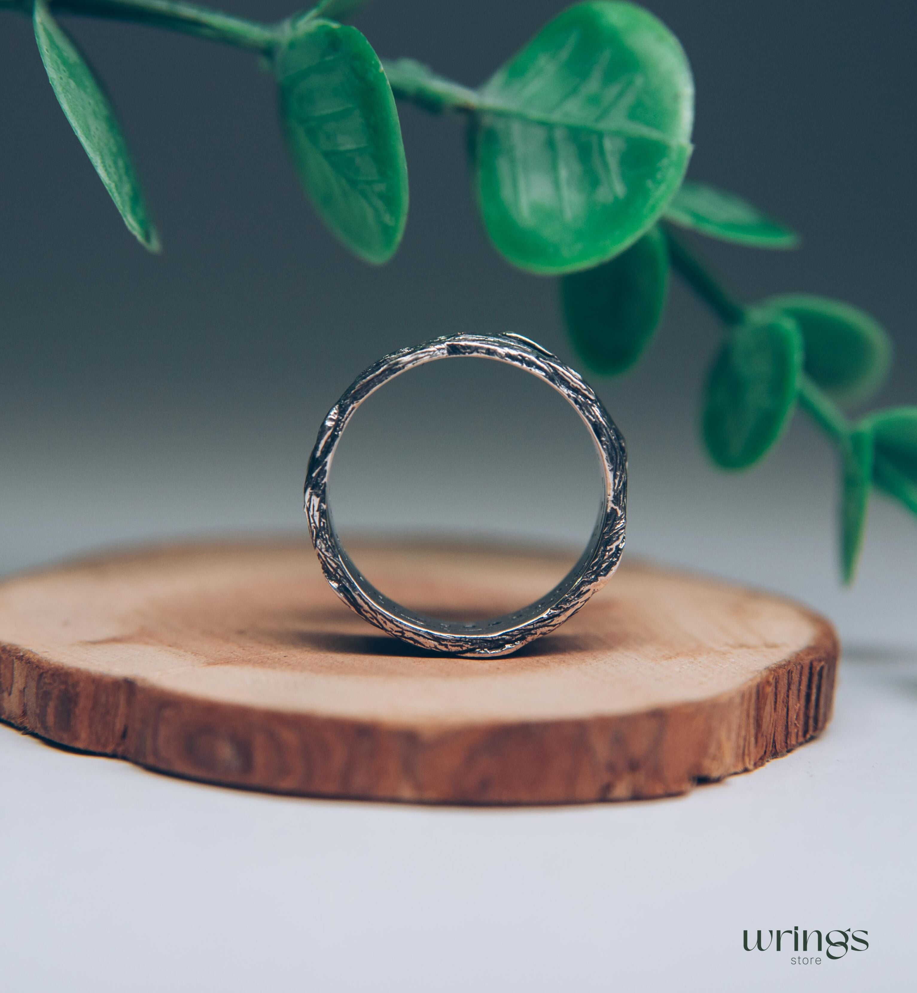 Silver Eternity Ring Wood Leaves and White Stones