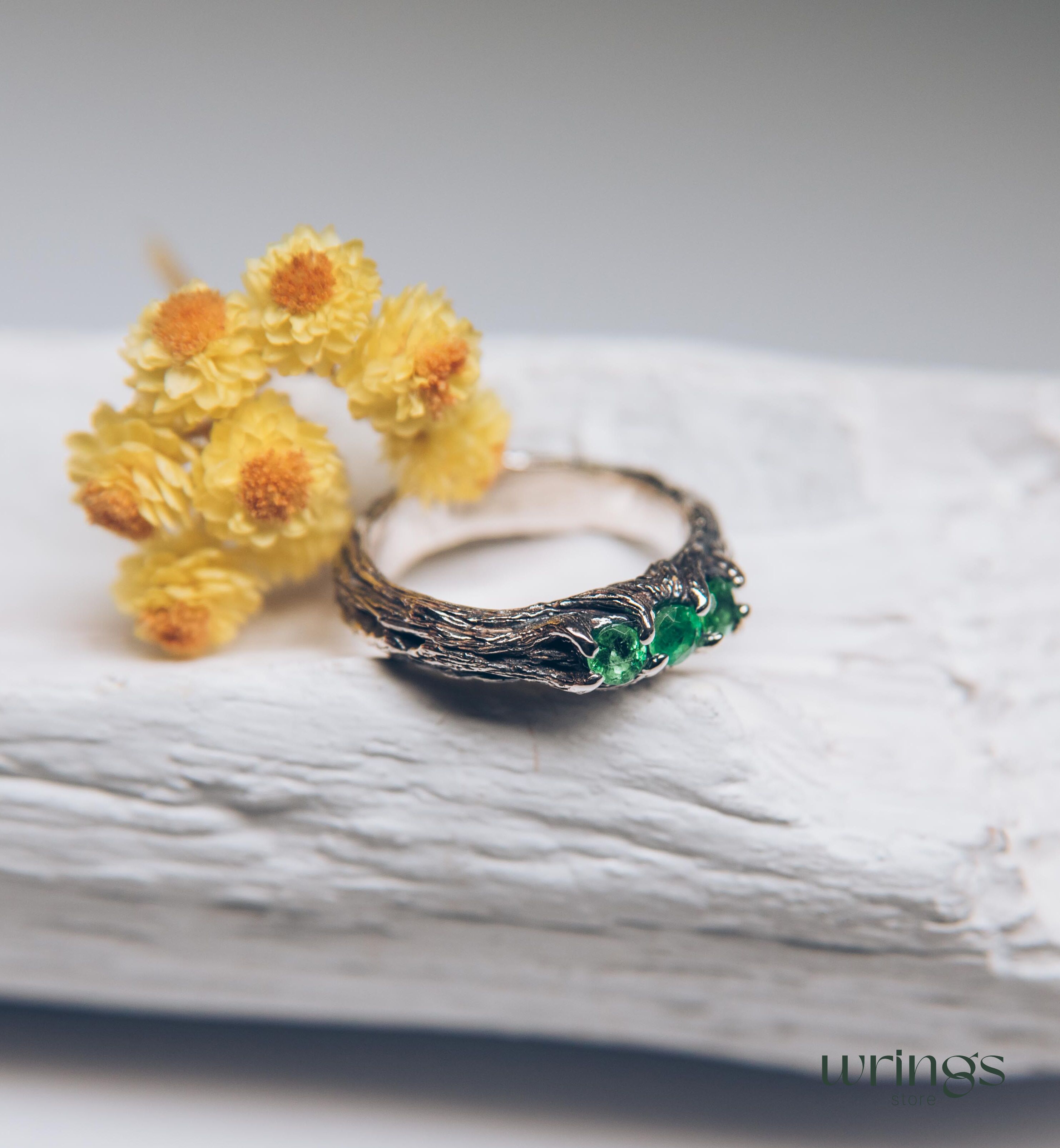 Emeralds on Branch Silver Three Stone Ring for Her