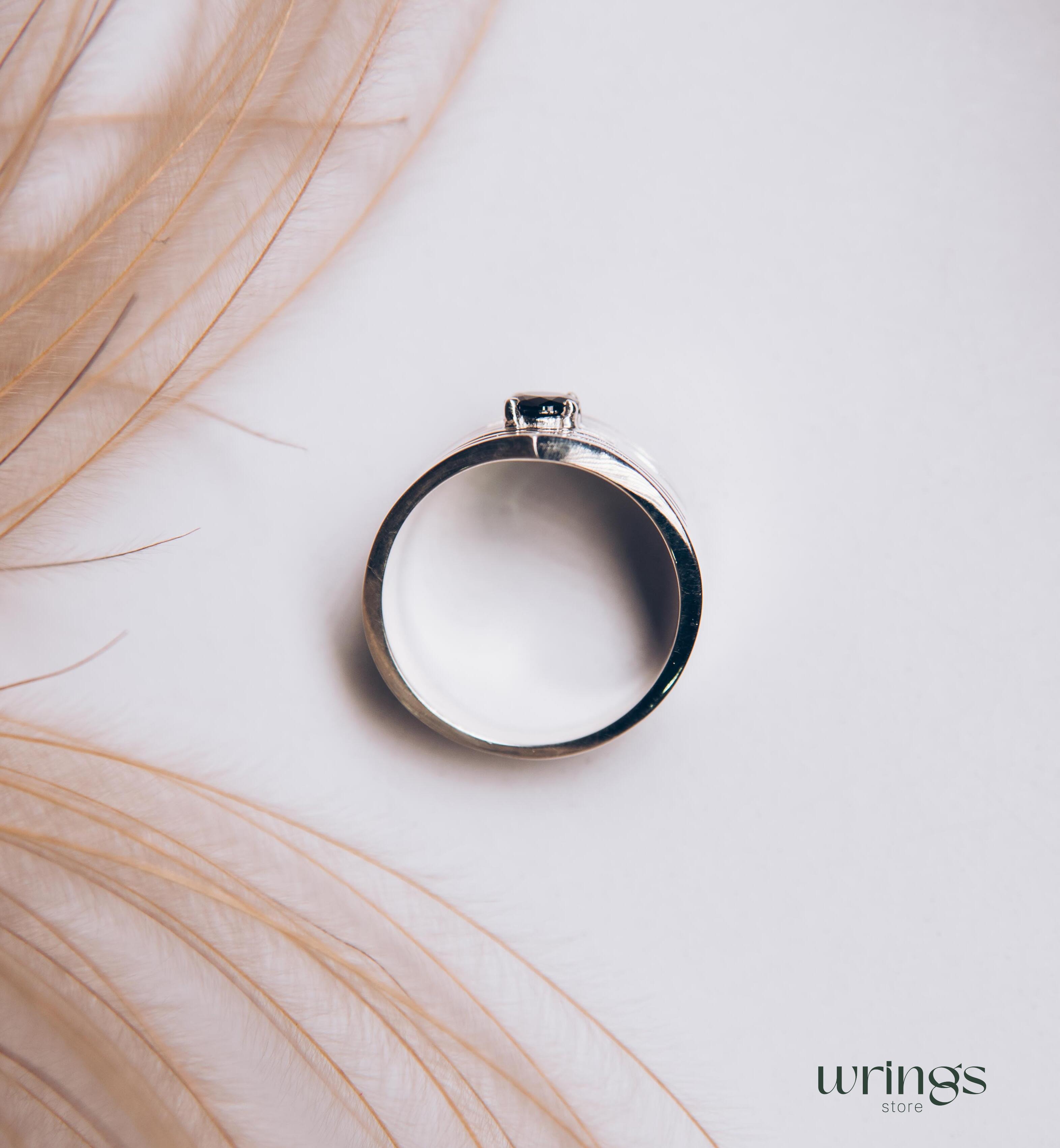 Extra Wide Silver Chevron Band Simulated Black Diamond