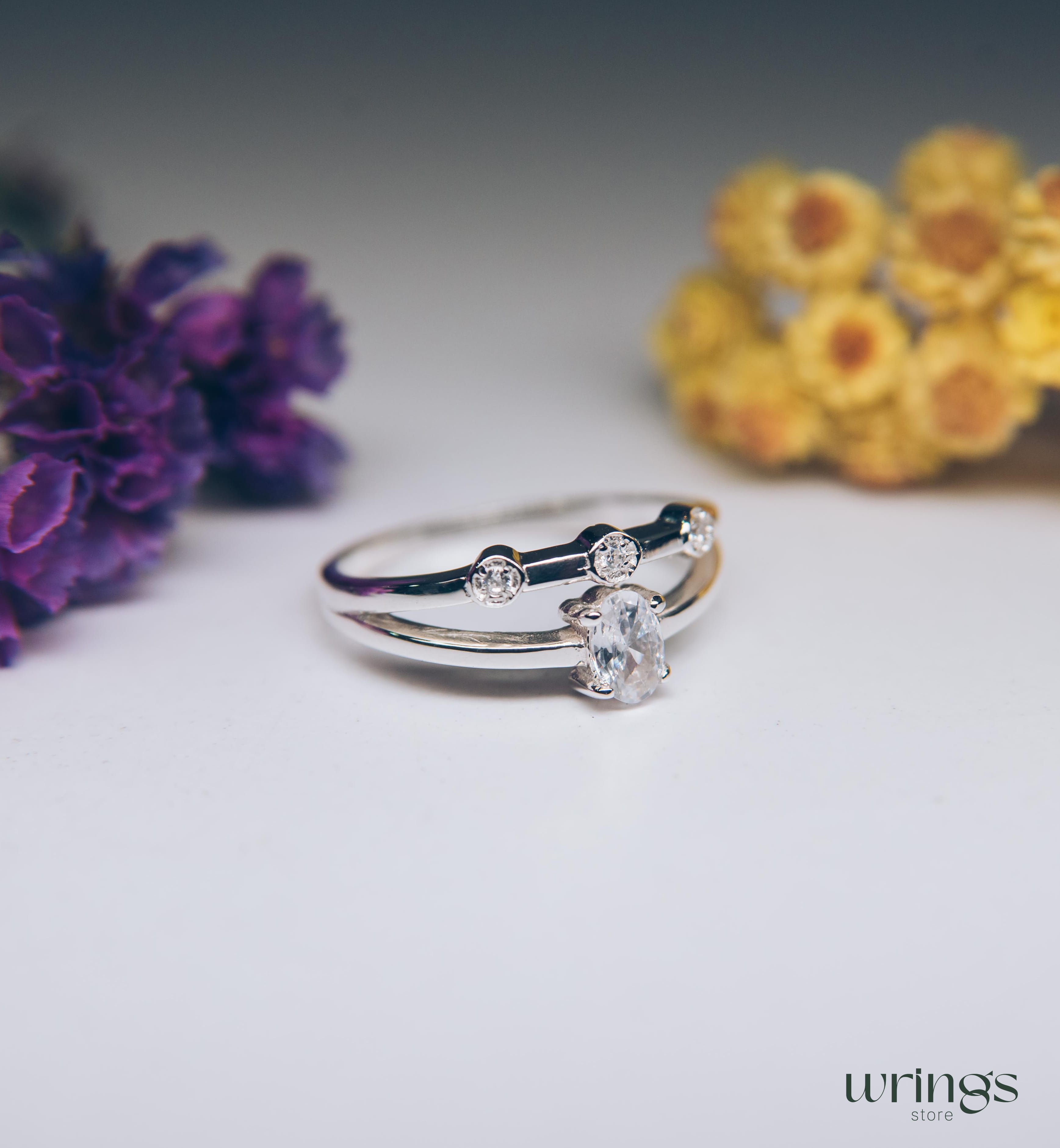 Oval Diamond CZ Double Engagement Ring Band Side Stones