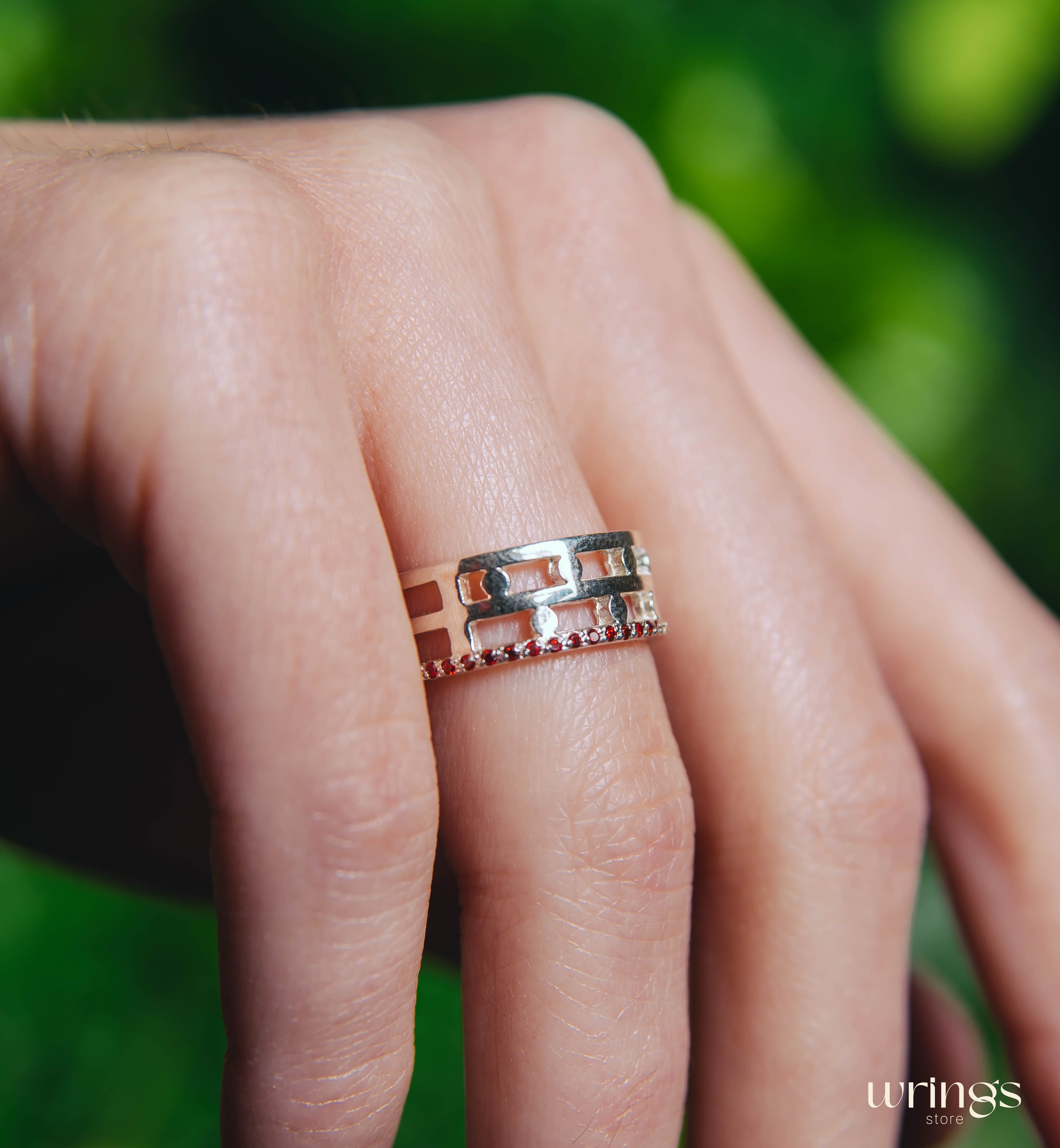 Silver Wedding Band Garnets and Dots Modern Style