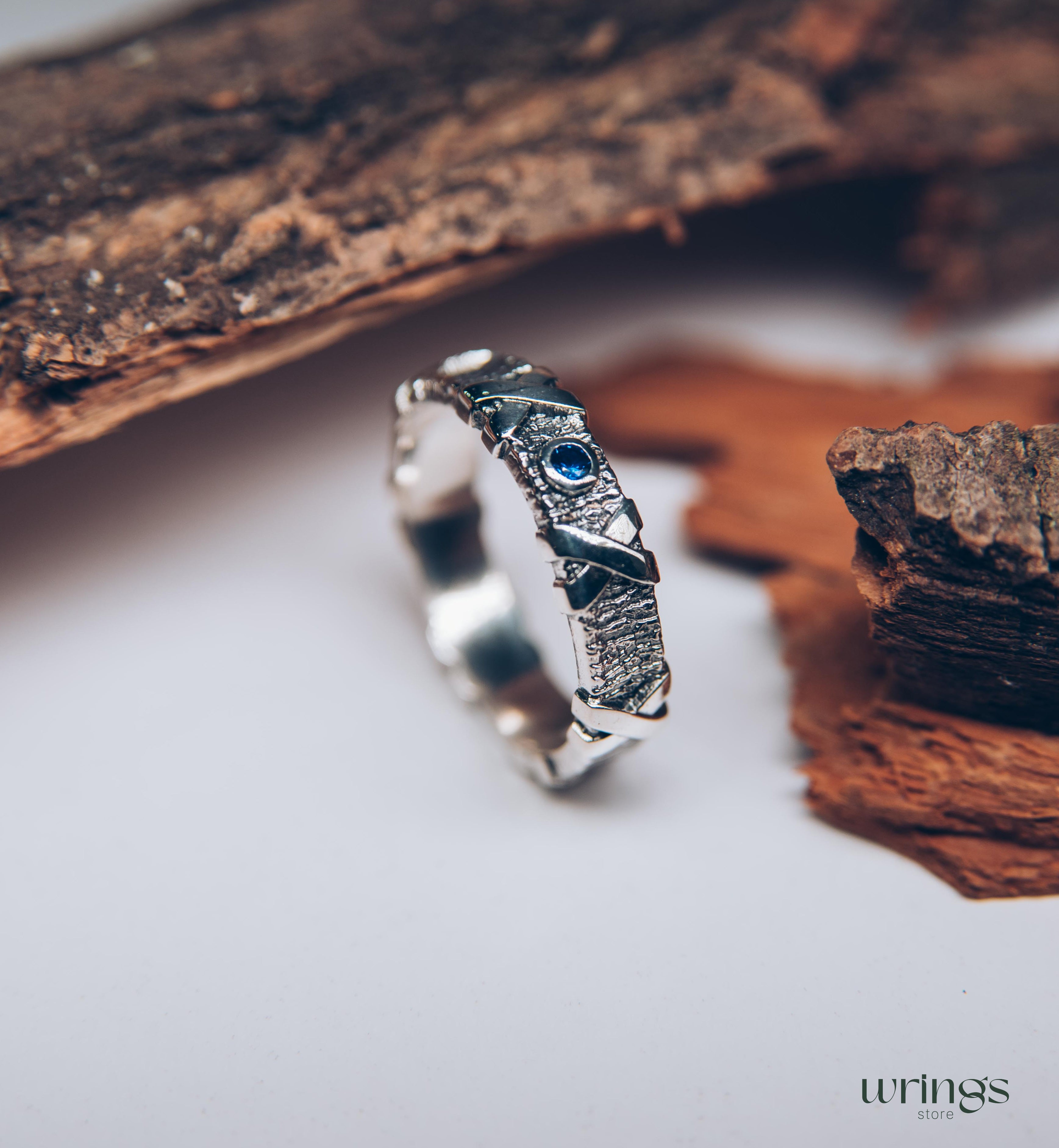 Nature Silver Band Ring with Cross & Natural Sapphire