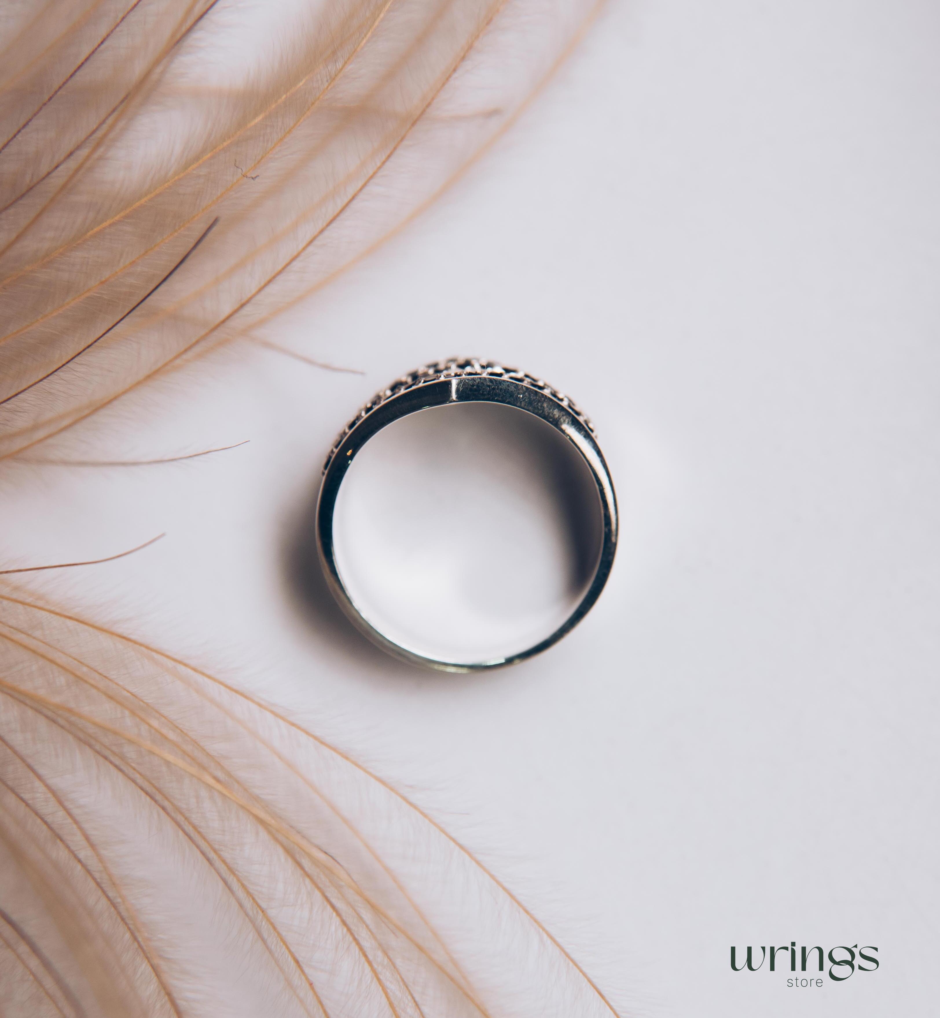 Extra Wide Silver Dome Ring Double Chevron Black Stones