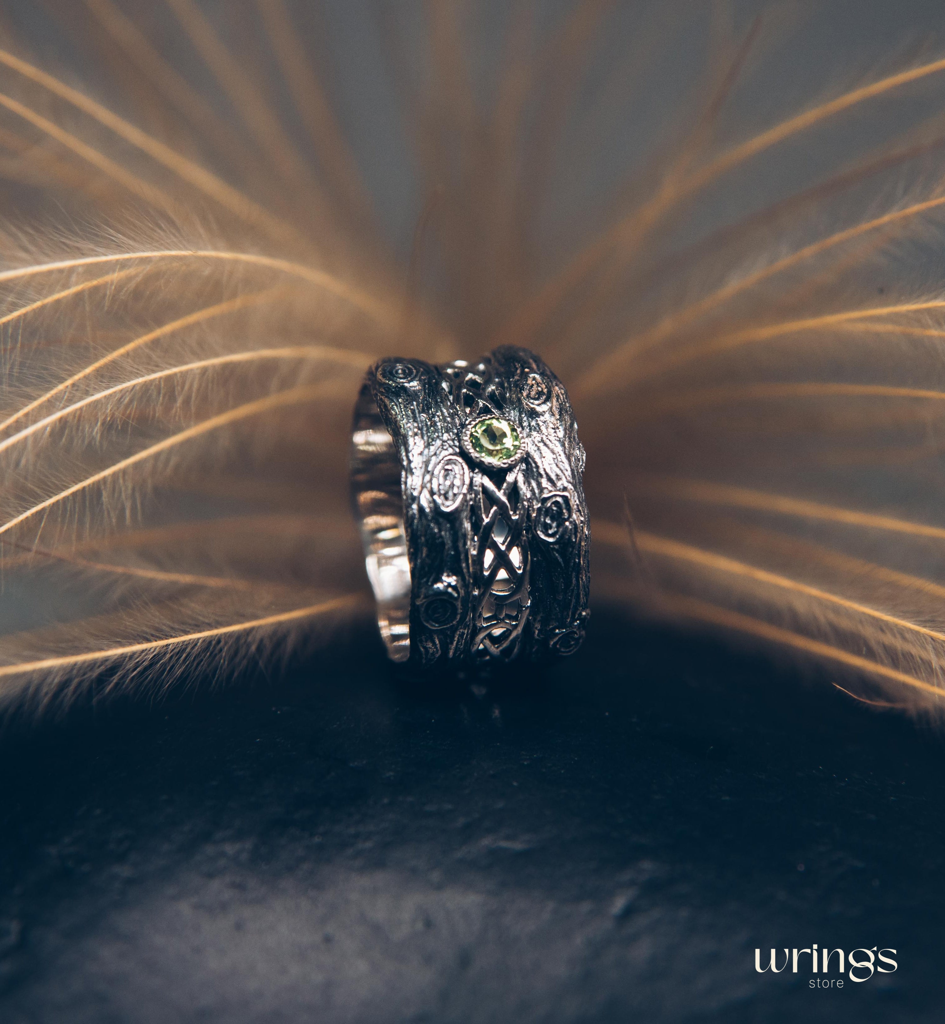 Silver bark with Celtic Weaves & Peridot Wedding Ring