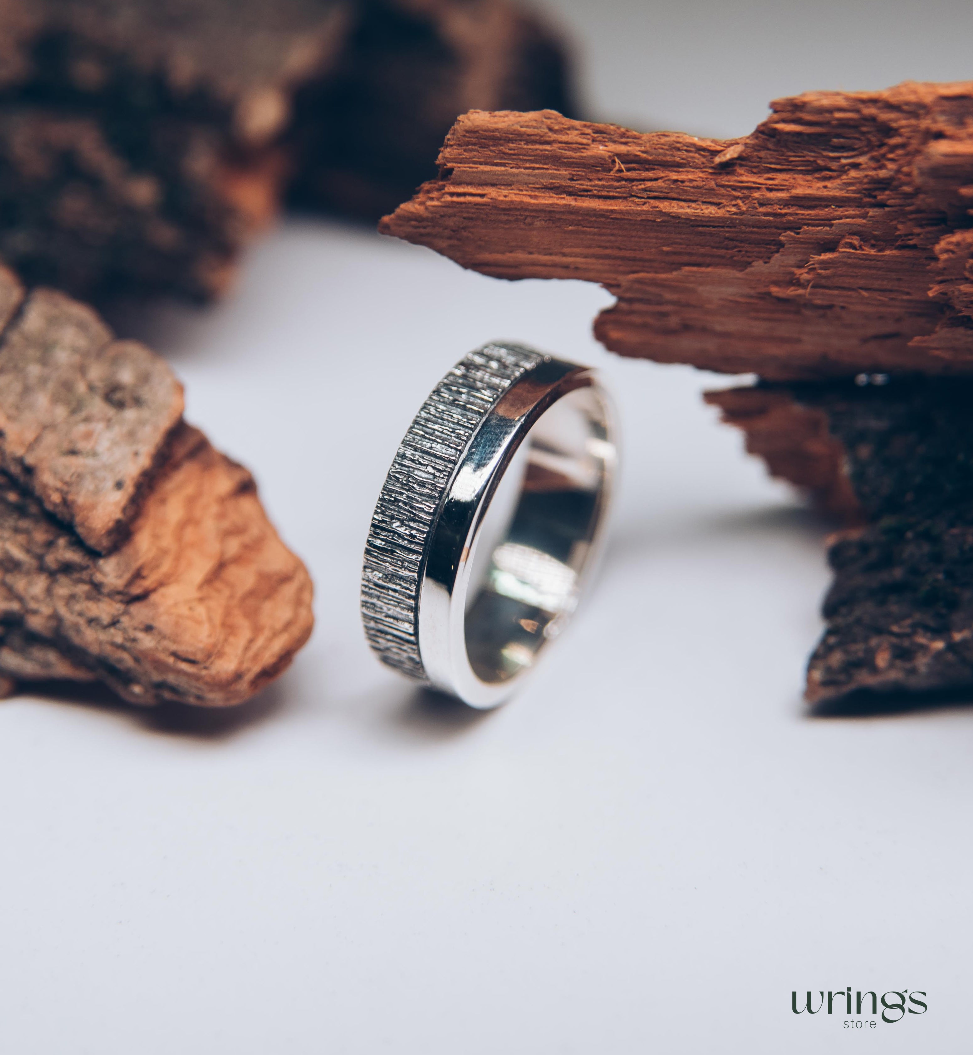 Double Textured Silver Tree Bark Wedding Band Rustic Style