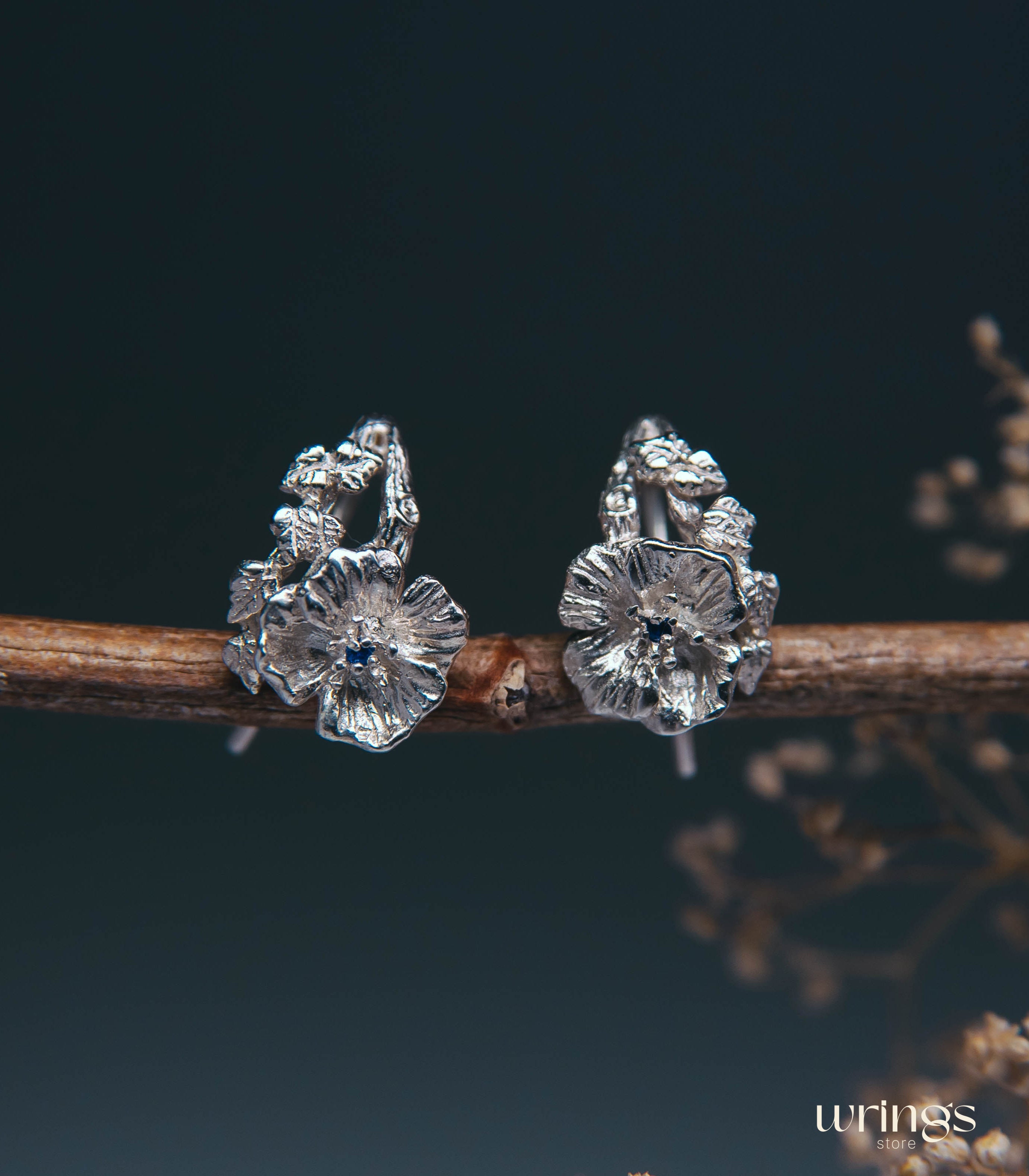 Silver Poppy Flower Earrings with Blue Sapphire