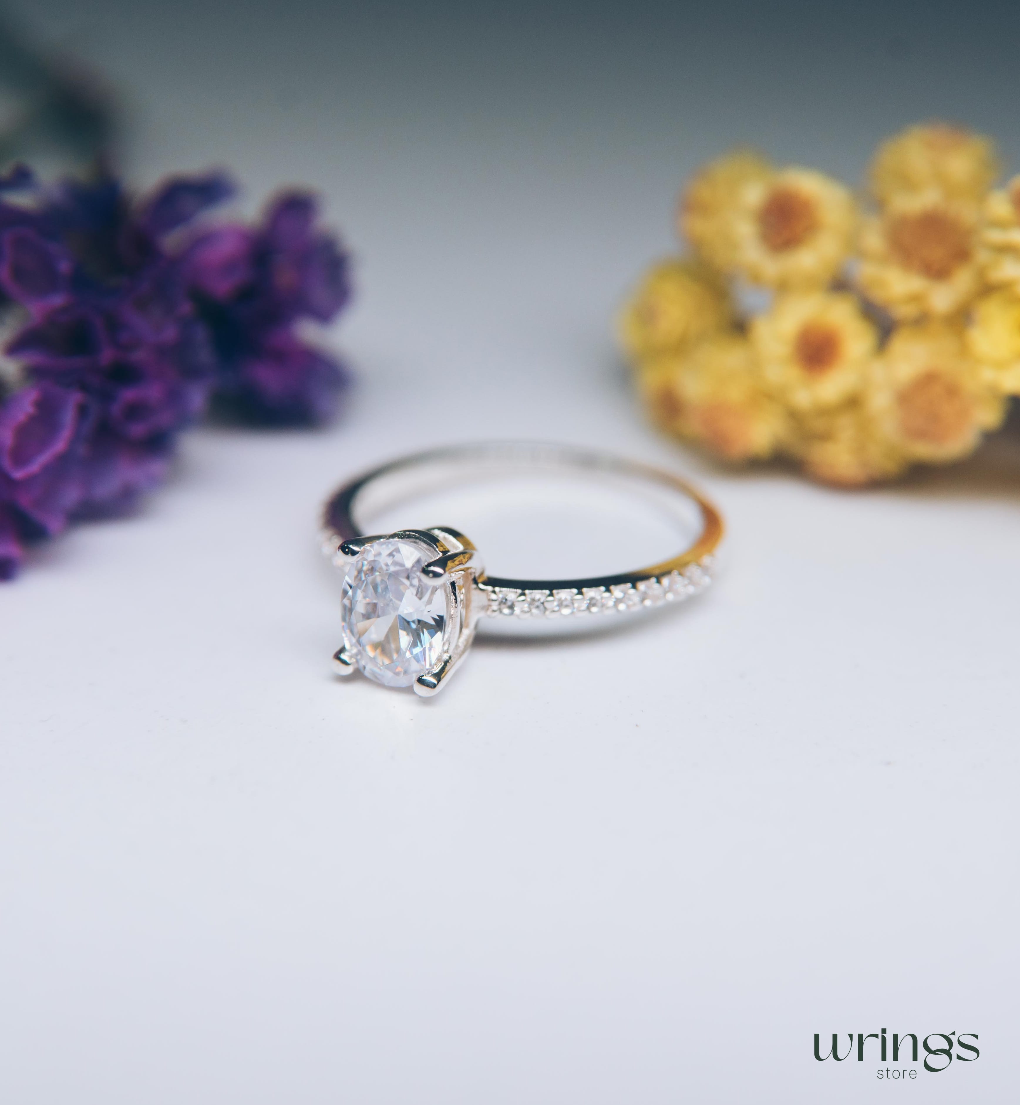 Large Oval Diamond CZ Engagement Ring Pave Side Stones