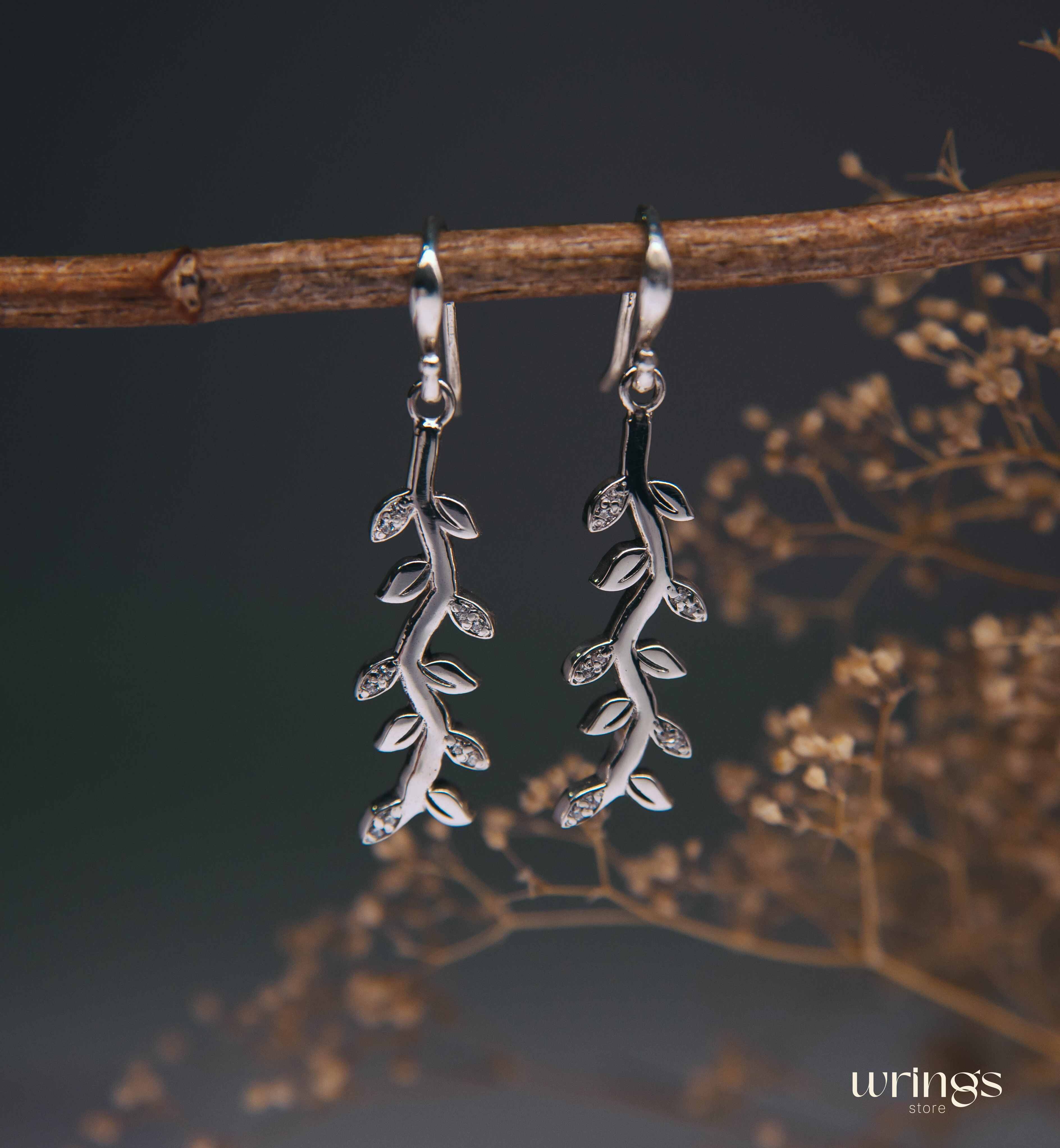 Pretty Many Leaves Silver Earrings with White Gemstones
