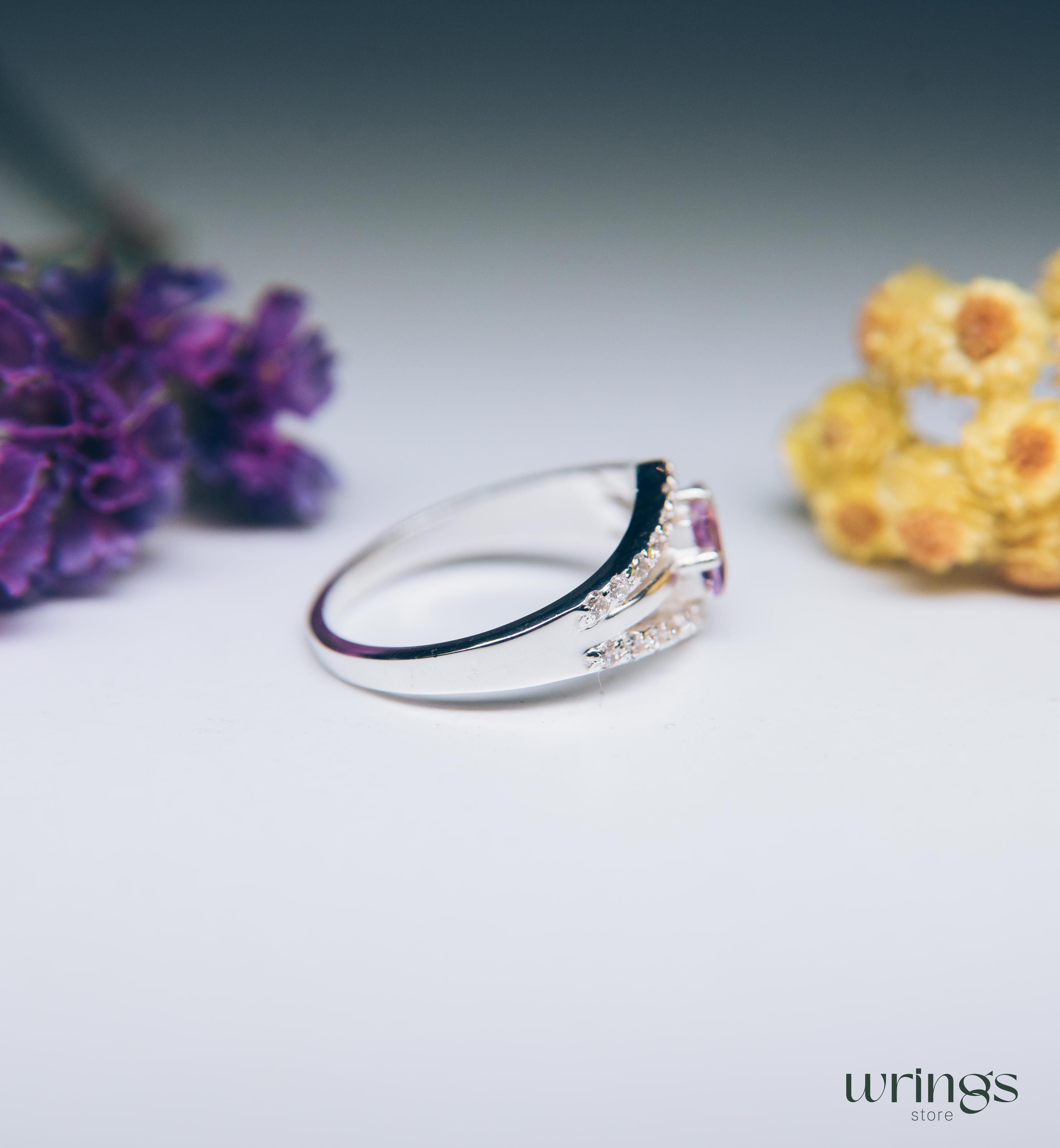 Square Amethyst Statement Ring Silver Double V shaped