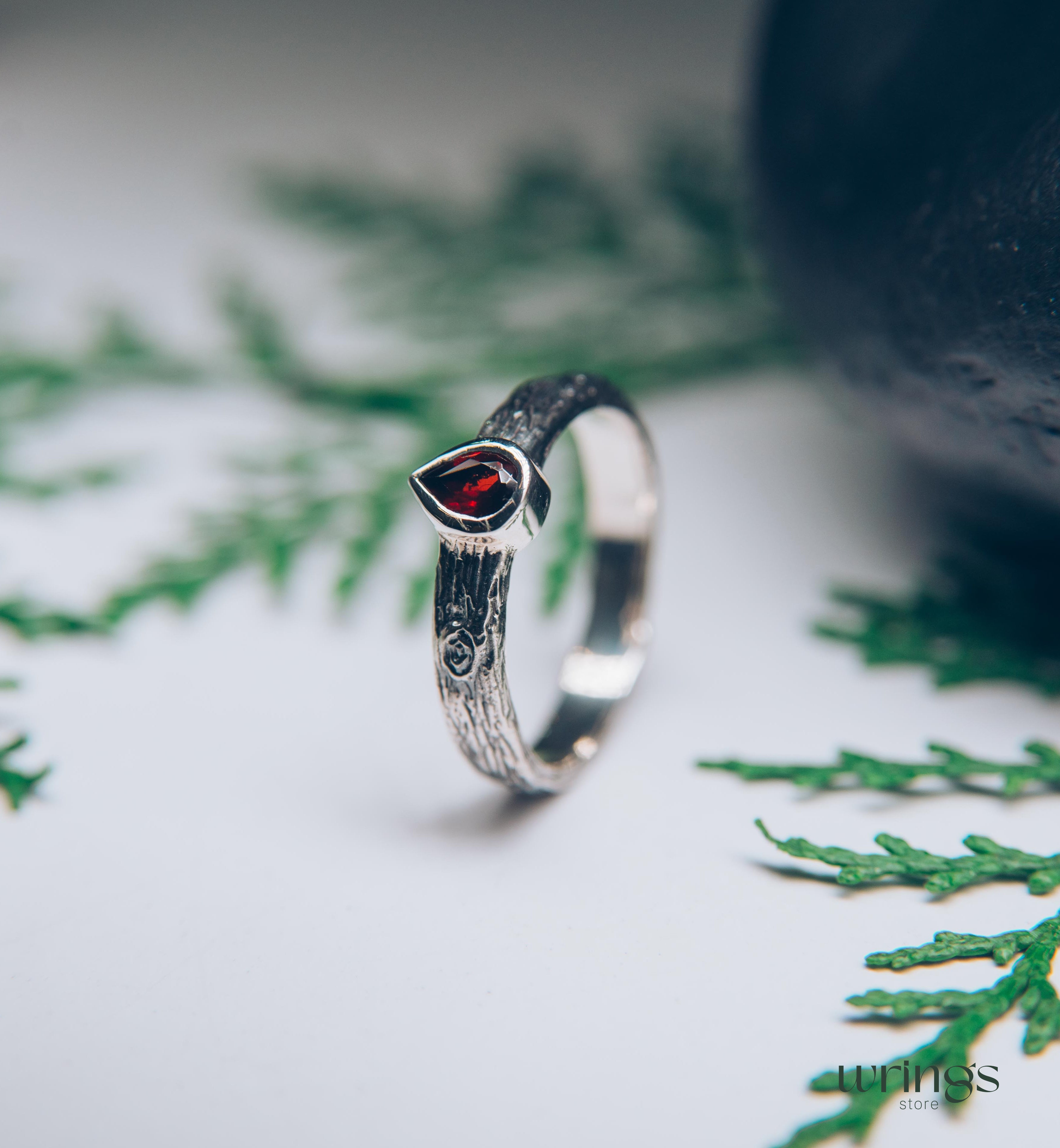 Pear cut Garnet Ring with Sterling Silver Tree bark
