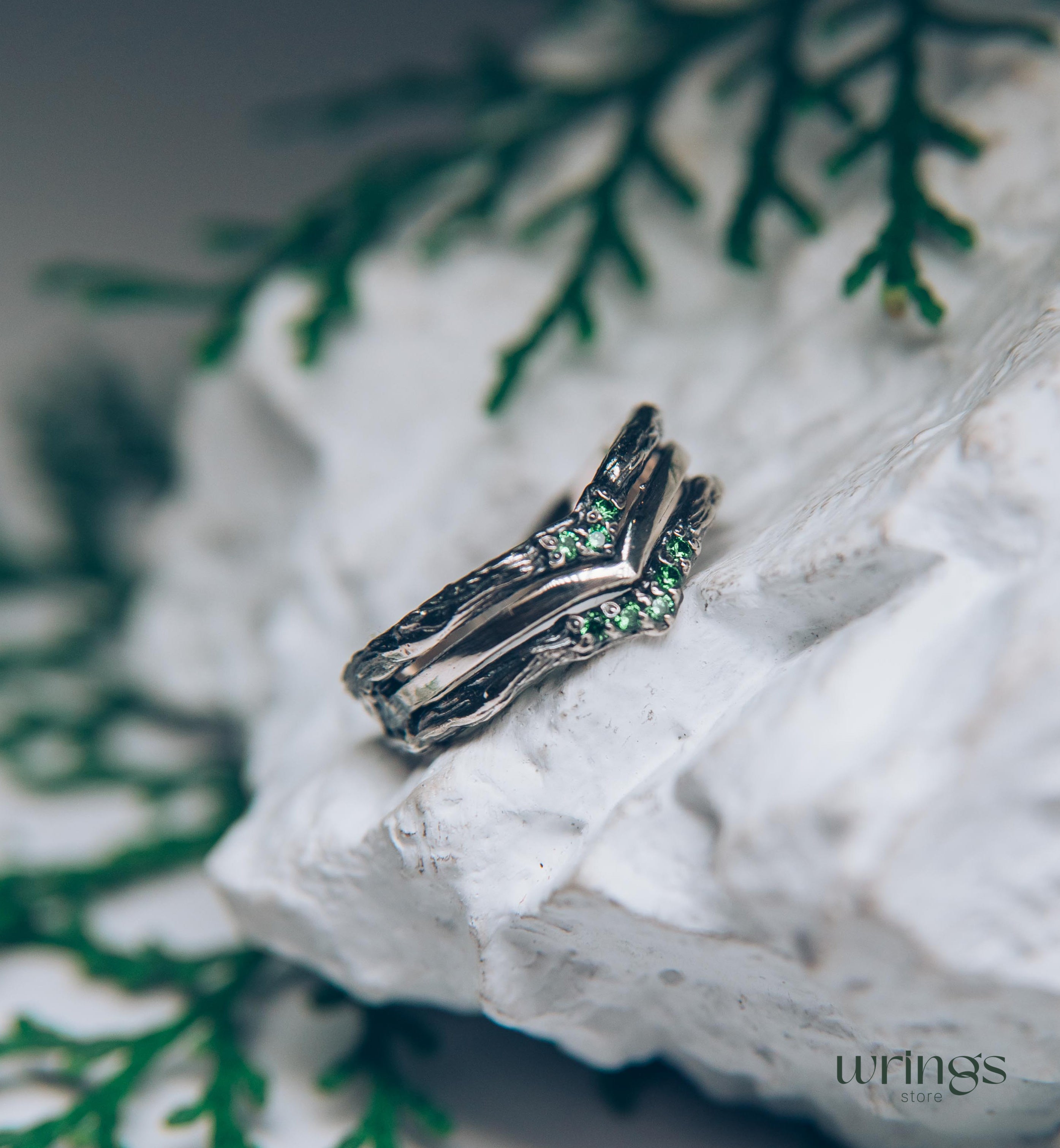 Silver Chevron Wedding Ring with Cute Tiny Emeralds