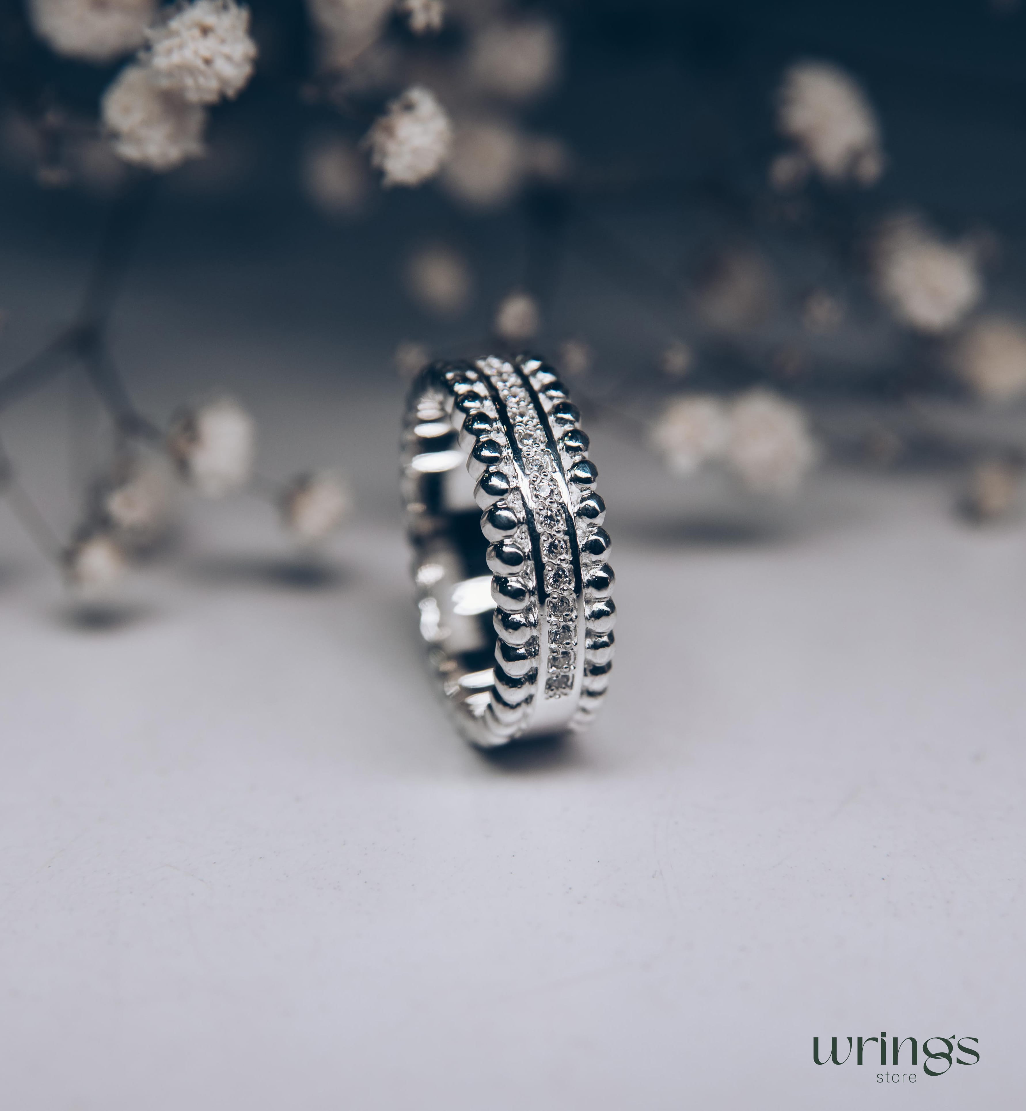 Unique Beaded Silver Half Eternity Band with Diamonds
