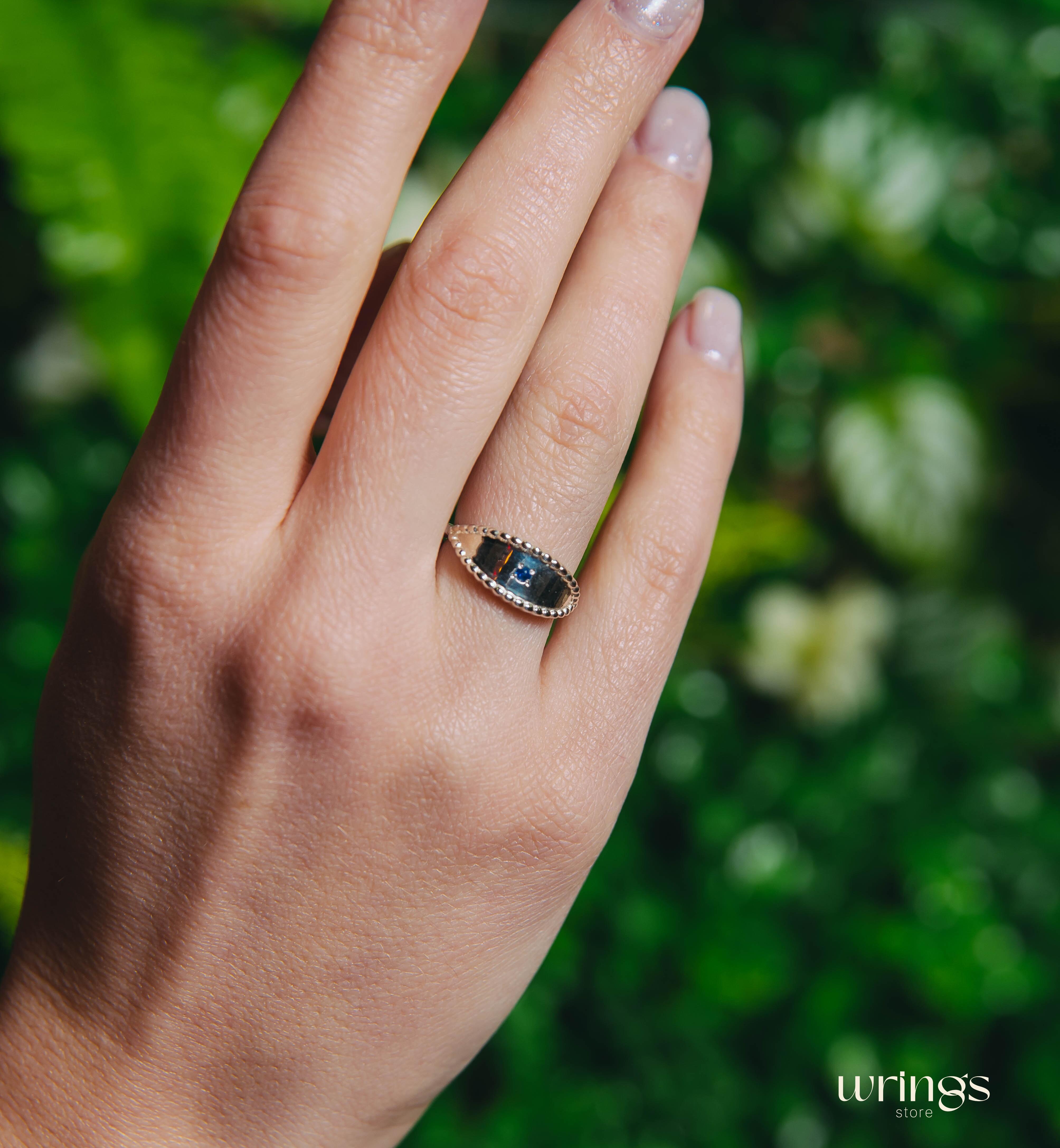 Silver Beaded Spoon Ring with Natural Blue Sapphire