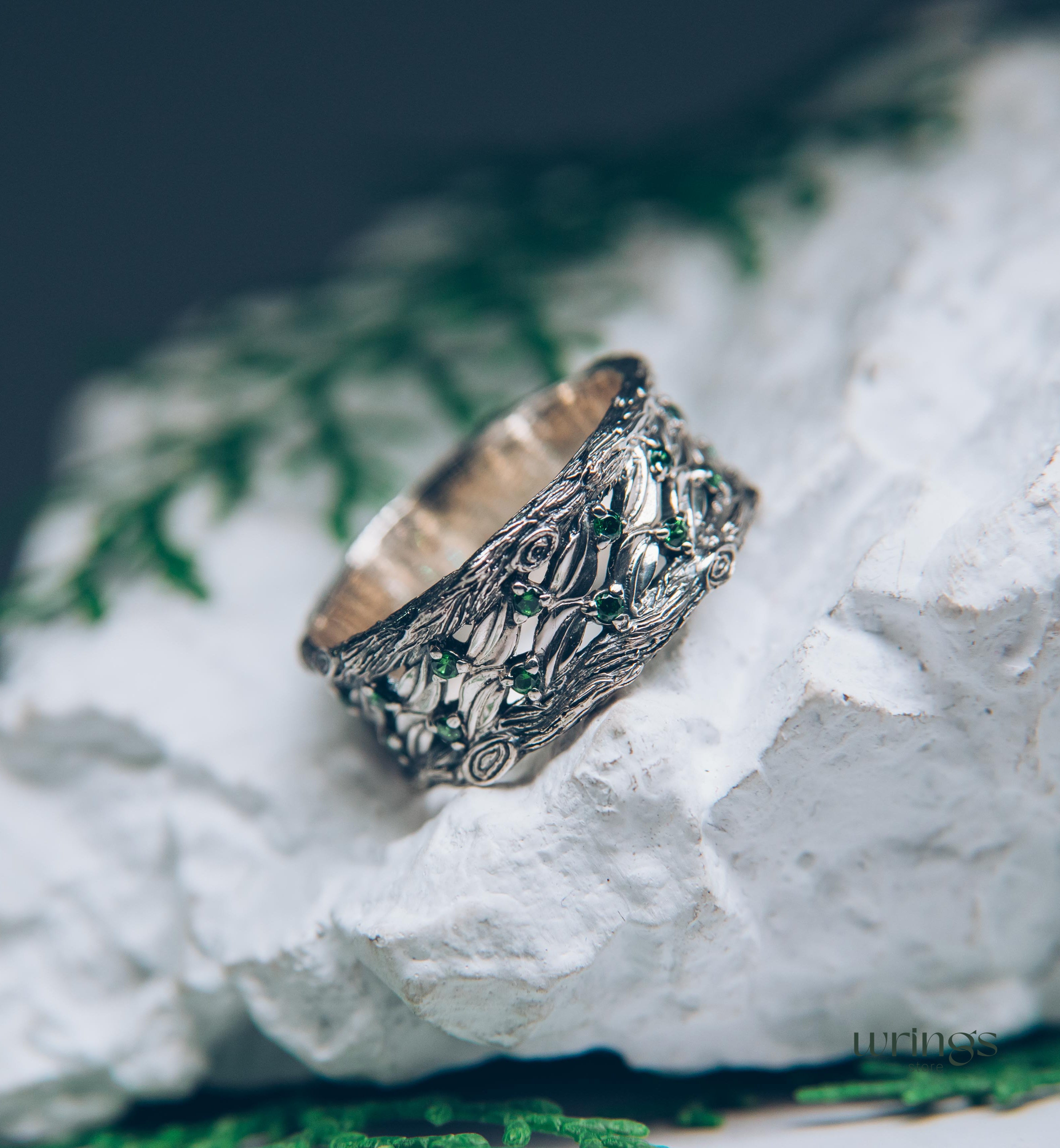 Silver Leaves and Branch Statement Wedding Band with Emeralds