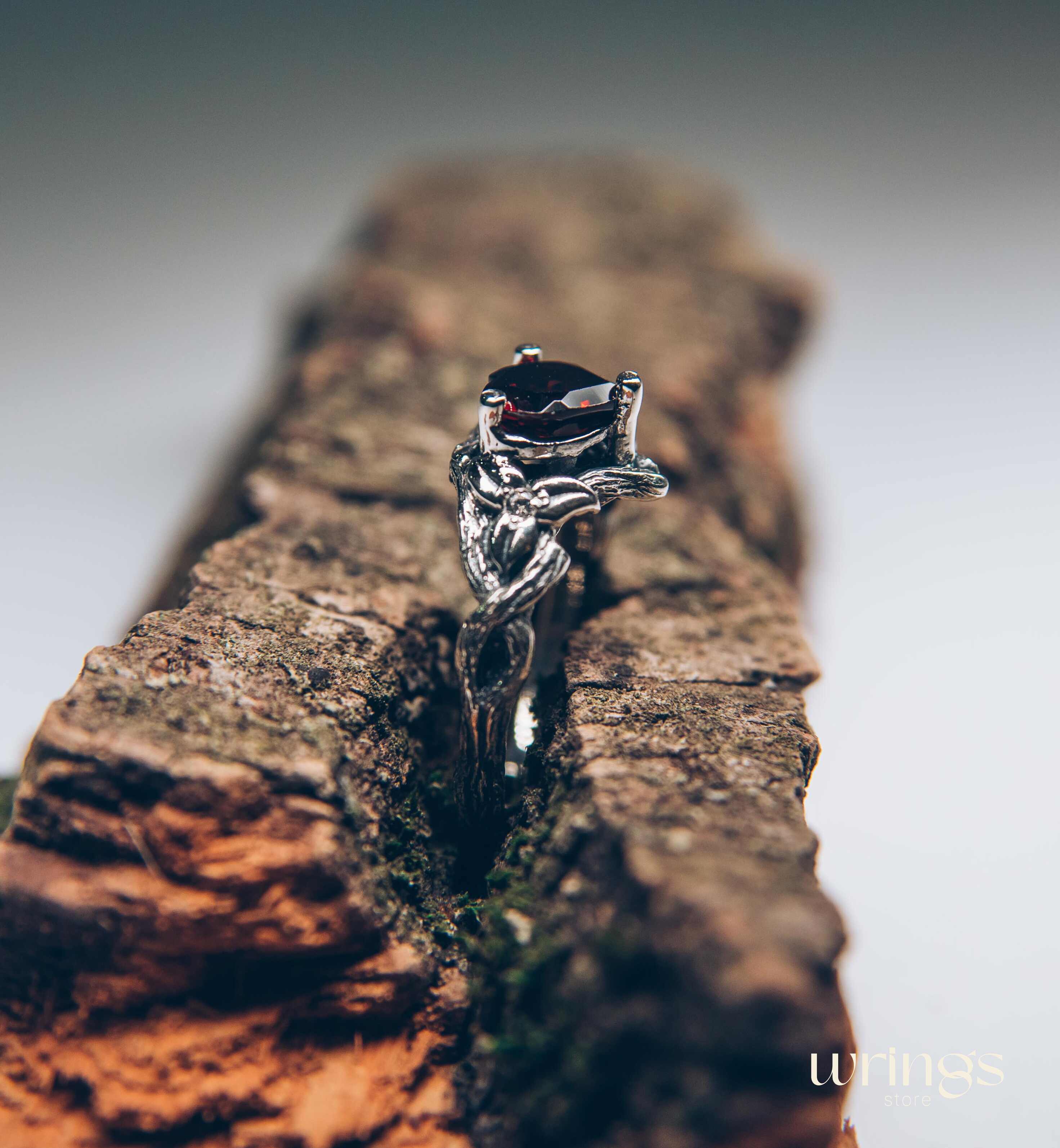 Heart Shaped Garnet Branch Engagement Ring with Leaves