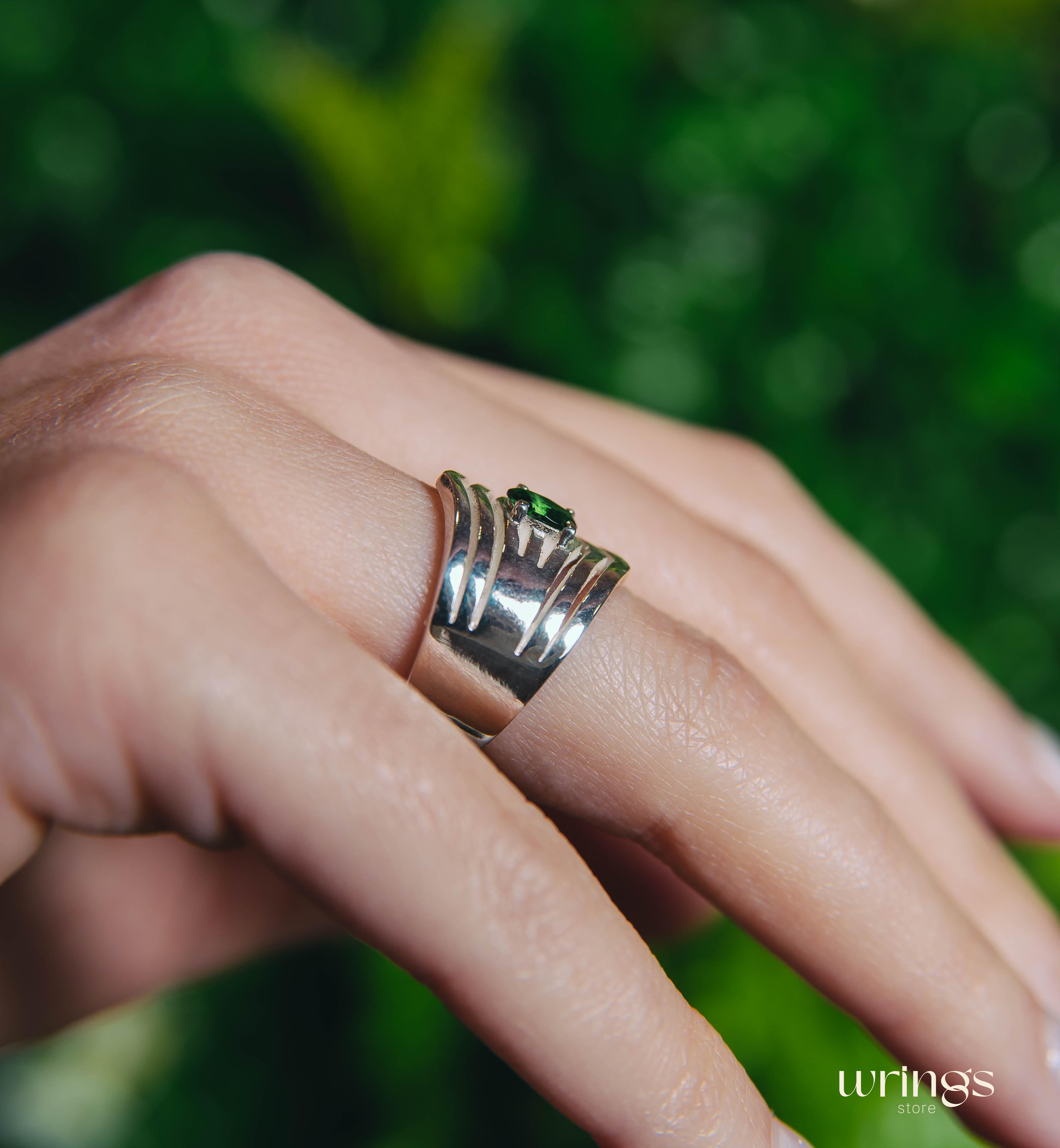 Wide Double Chevron Silver Band with LG Emerald