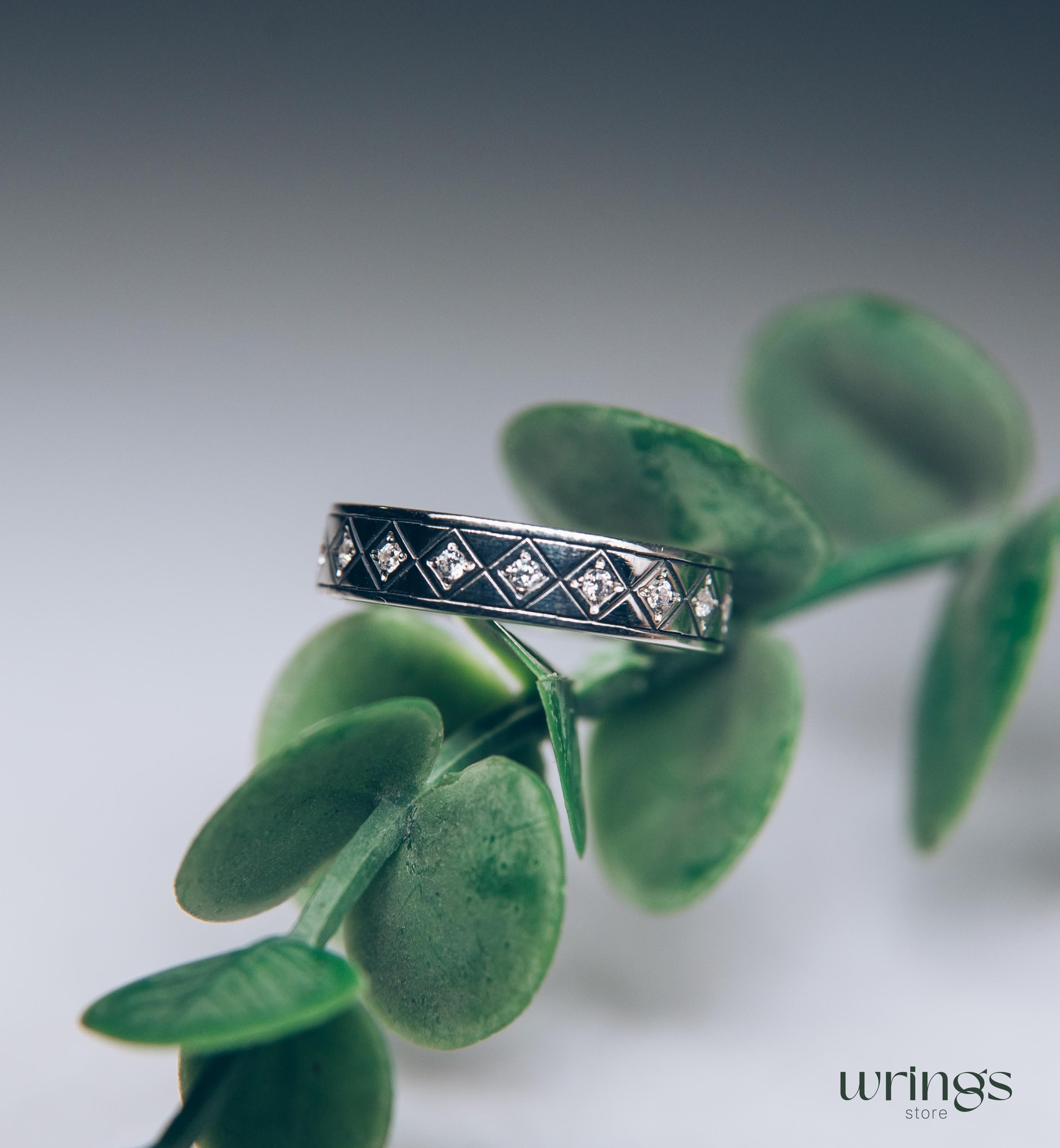Silver Eternity Ring with Multi Gems Engraved Rhombus