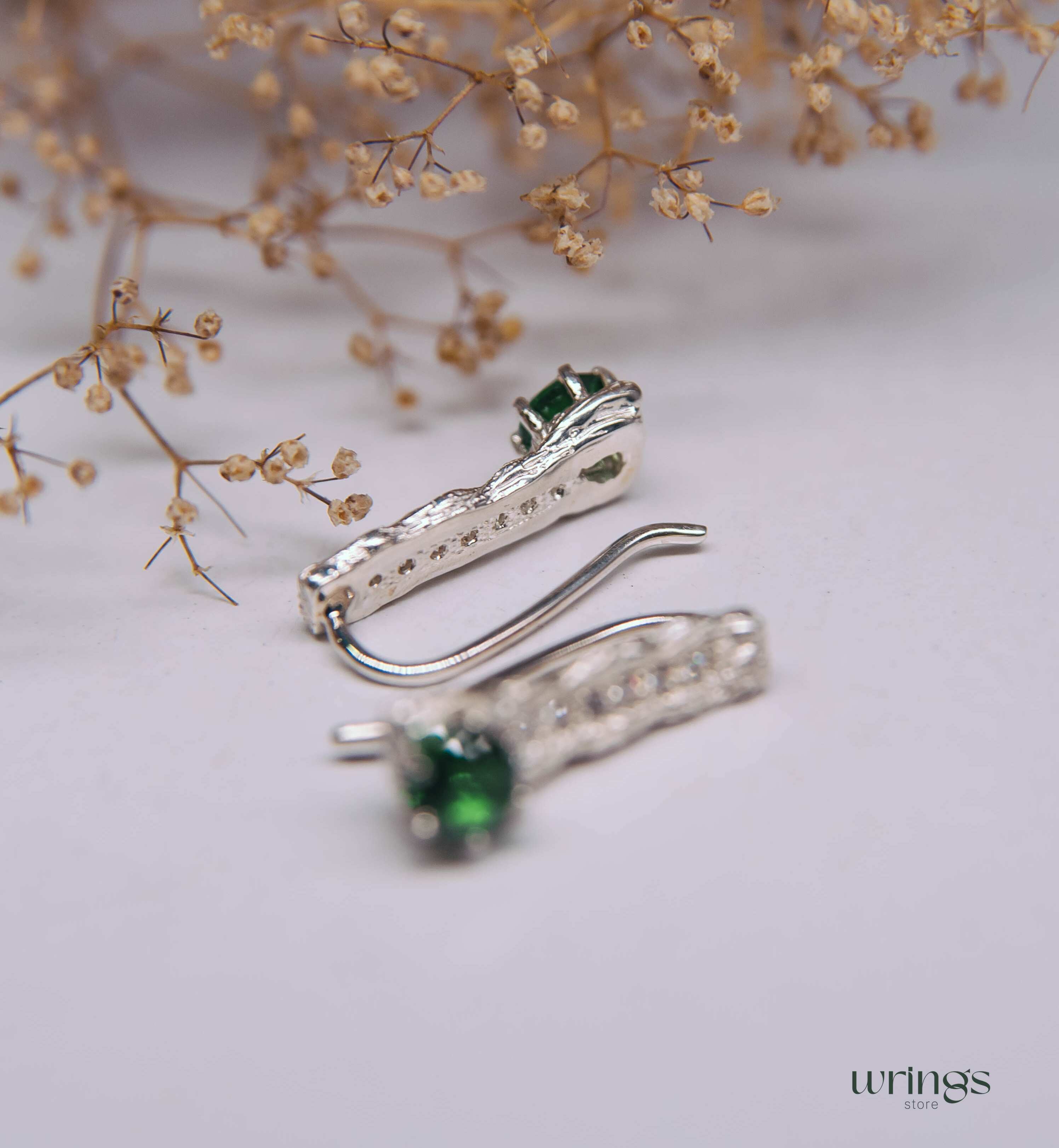 Tree Bark Silver Drop Earrings with Emerald and CZ