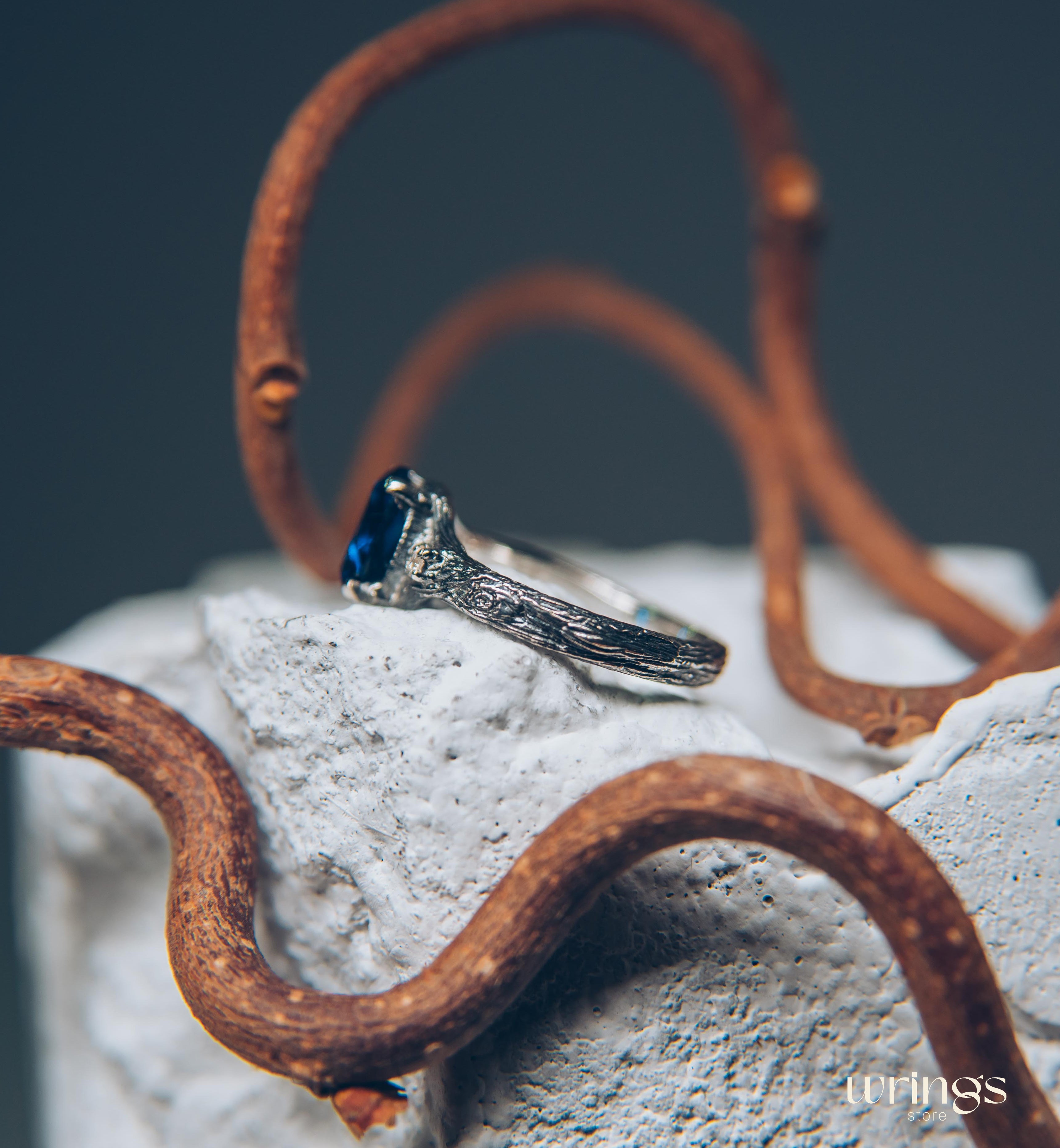 Oval Sapphire with Twig Ring made in Sterling Silver