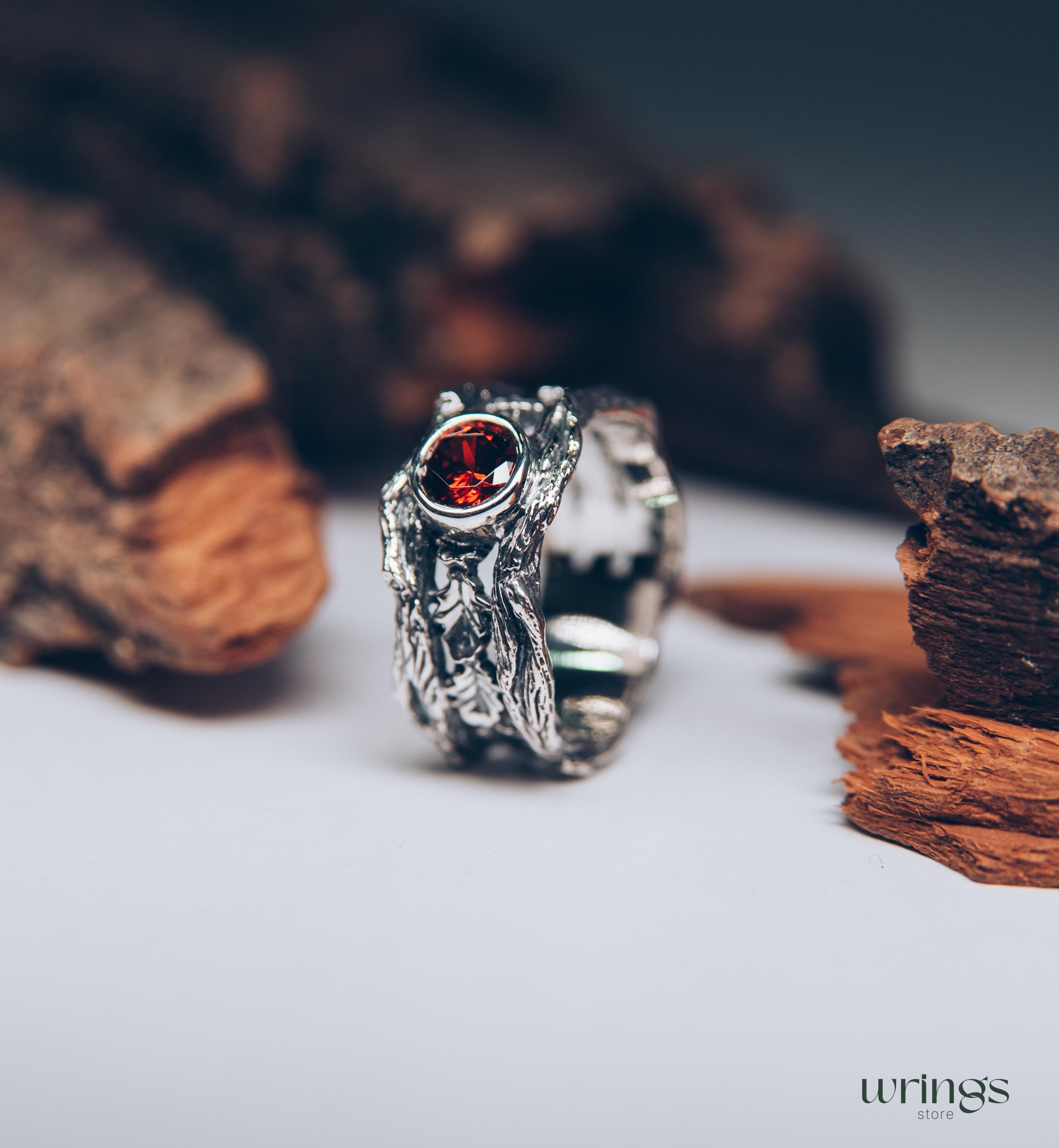 Oak Leaves in Wide Silver Ring with Bezel Garnet