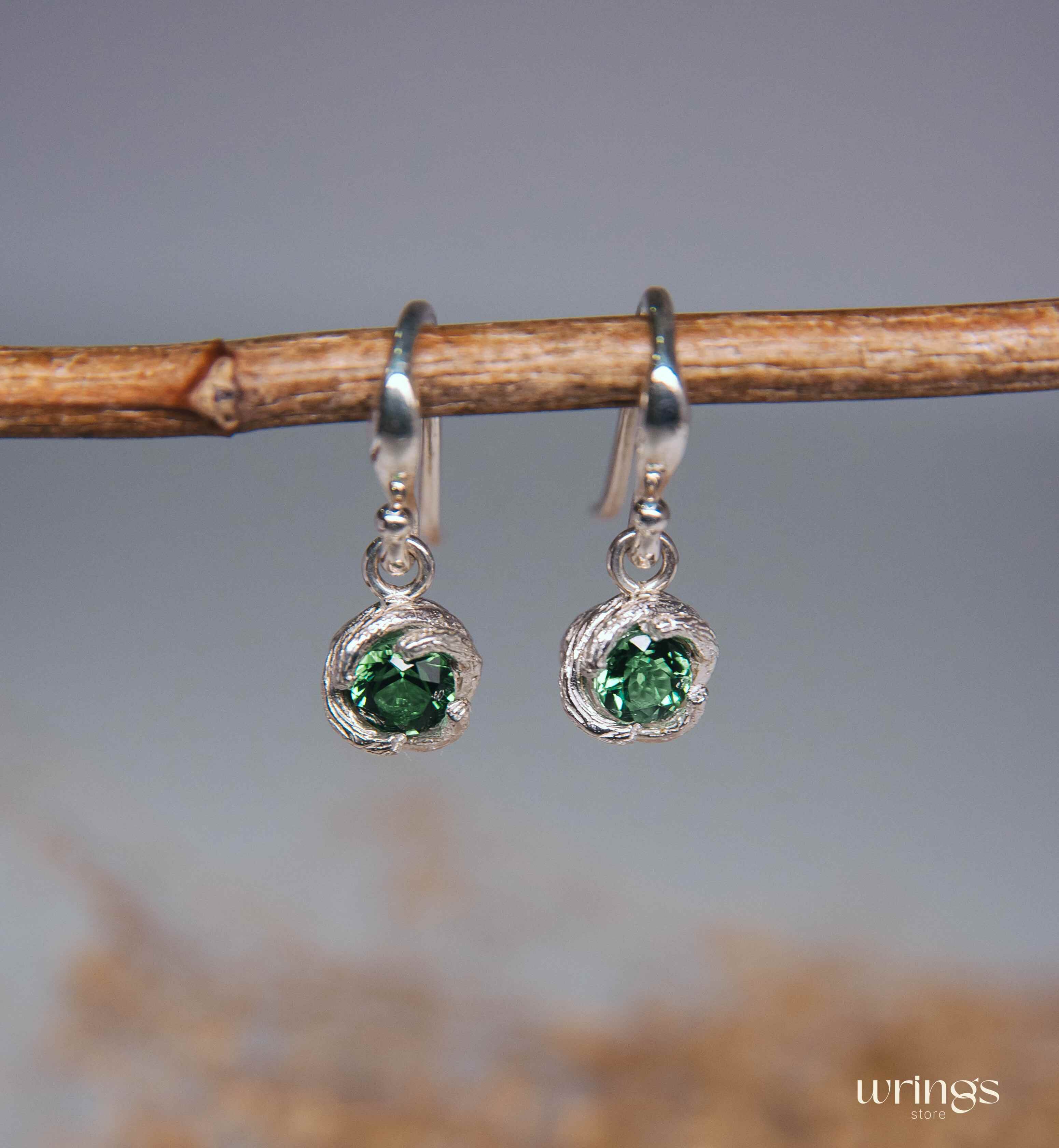 Cute Green Quartz Earrings Drop Dangly Silver Tree