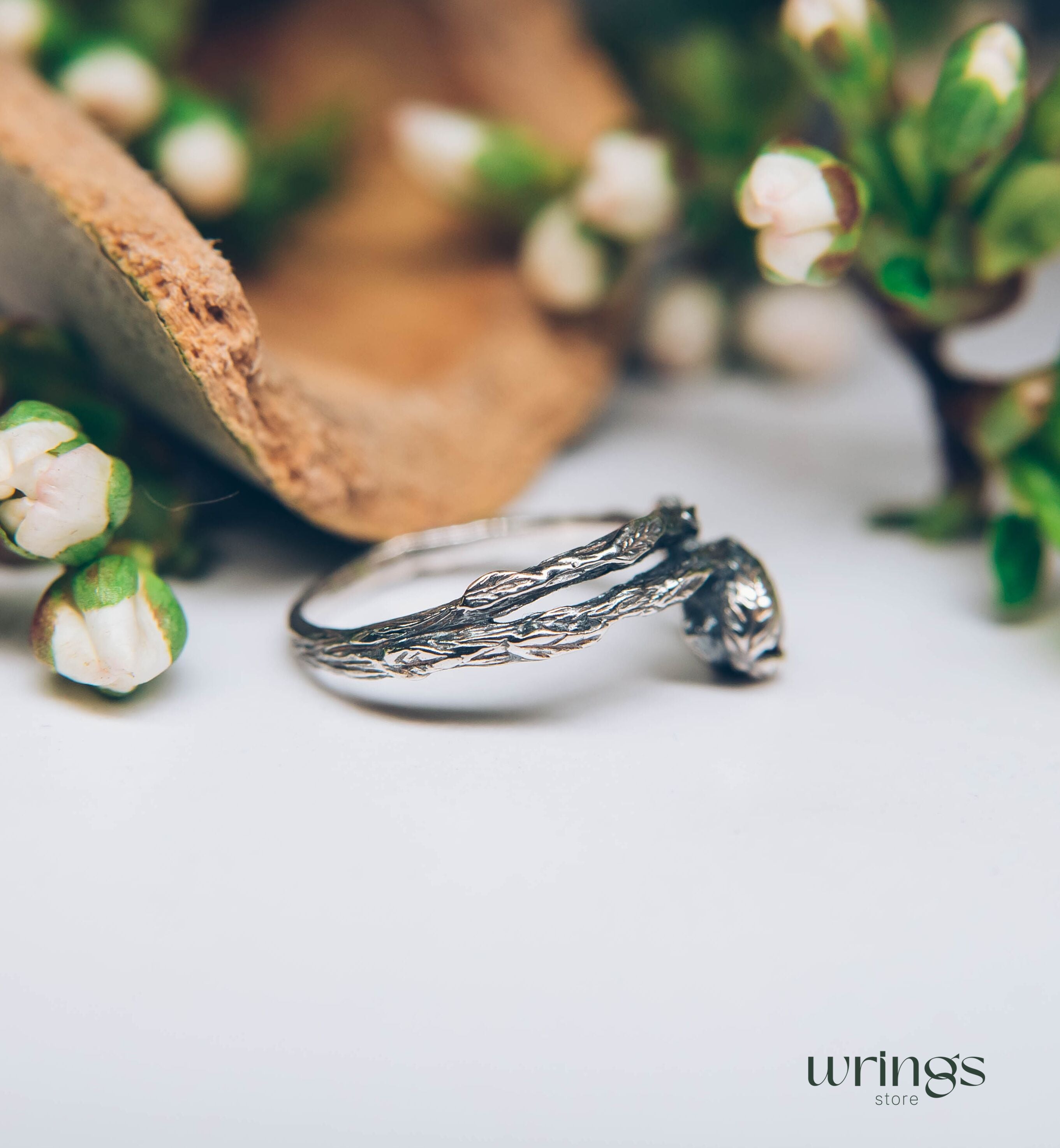 Unusual Branch and Leaves Silver Garnet Engagement Ring