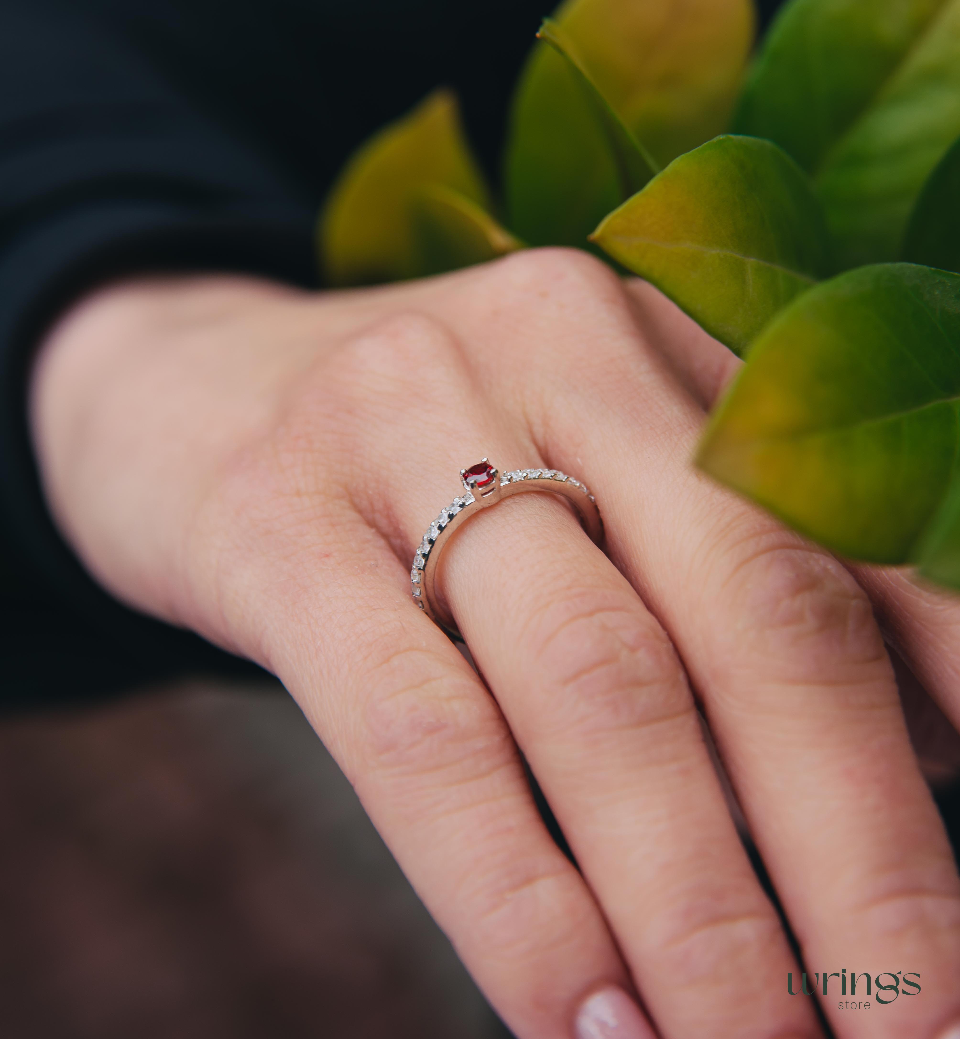 Dainty Garnet & Side Stones Silver Engagement Ring