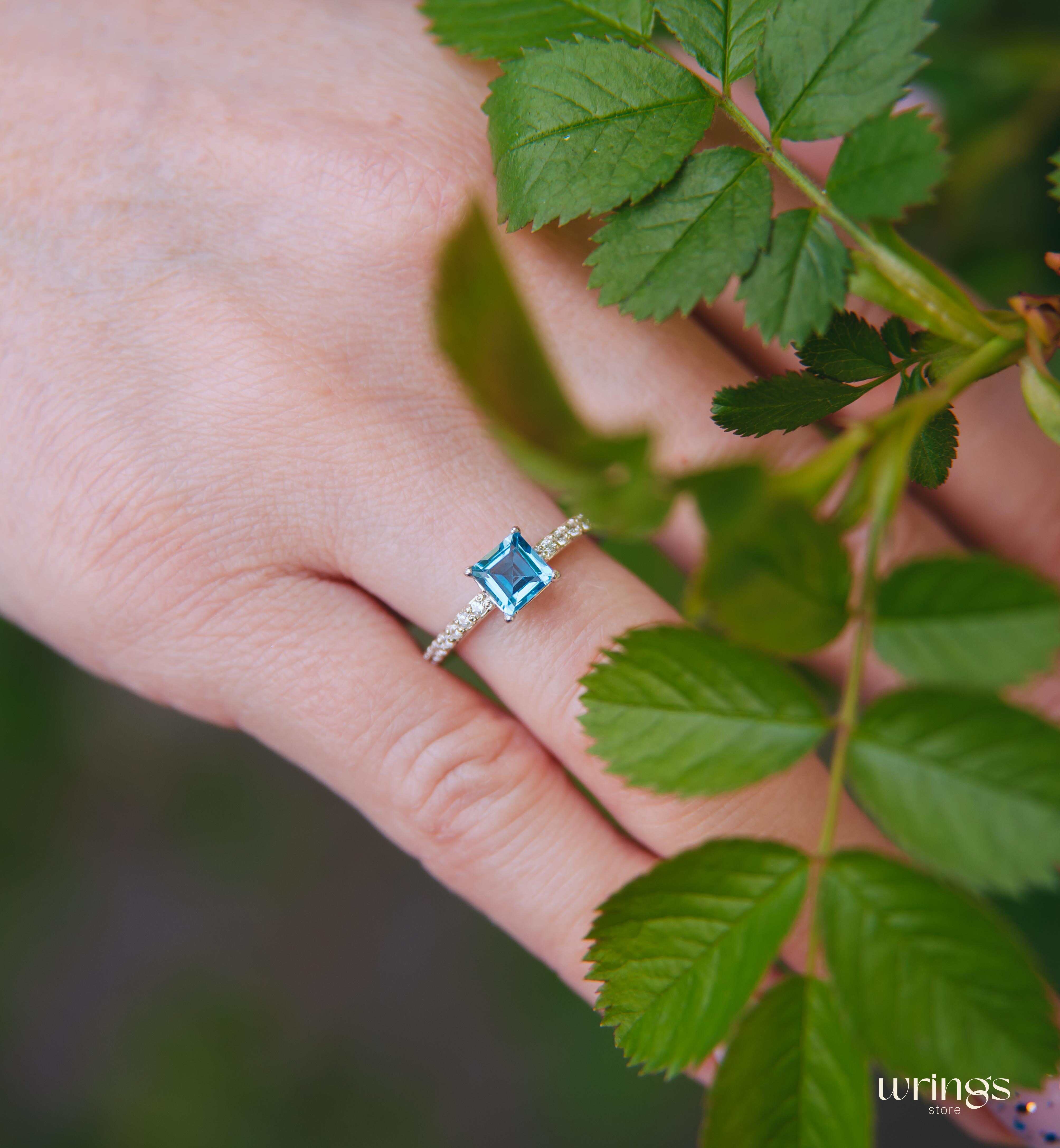 Square Blue Topaz Engagement Ring Silver & CZ Side Stones