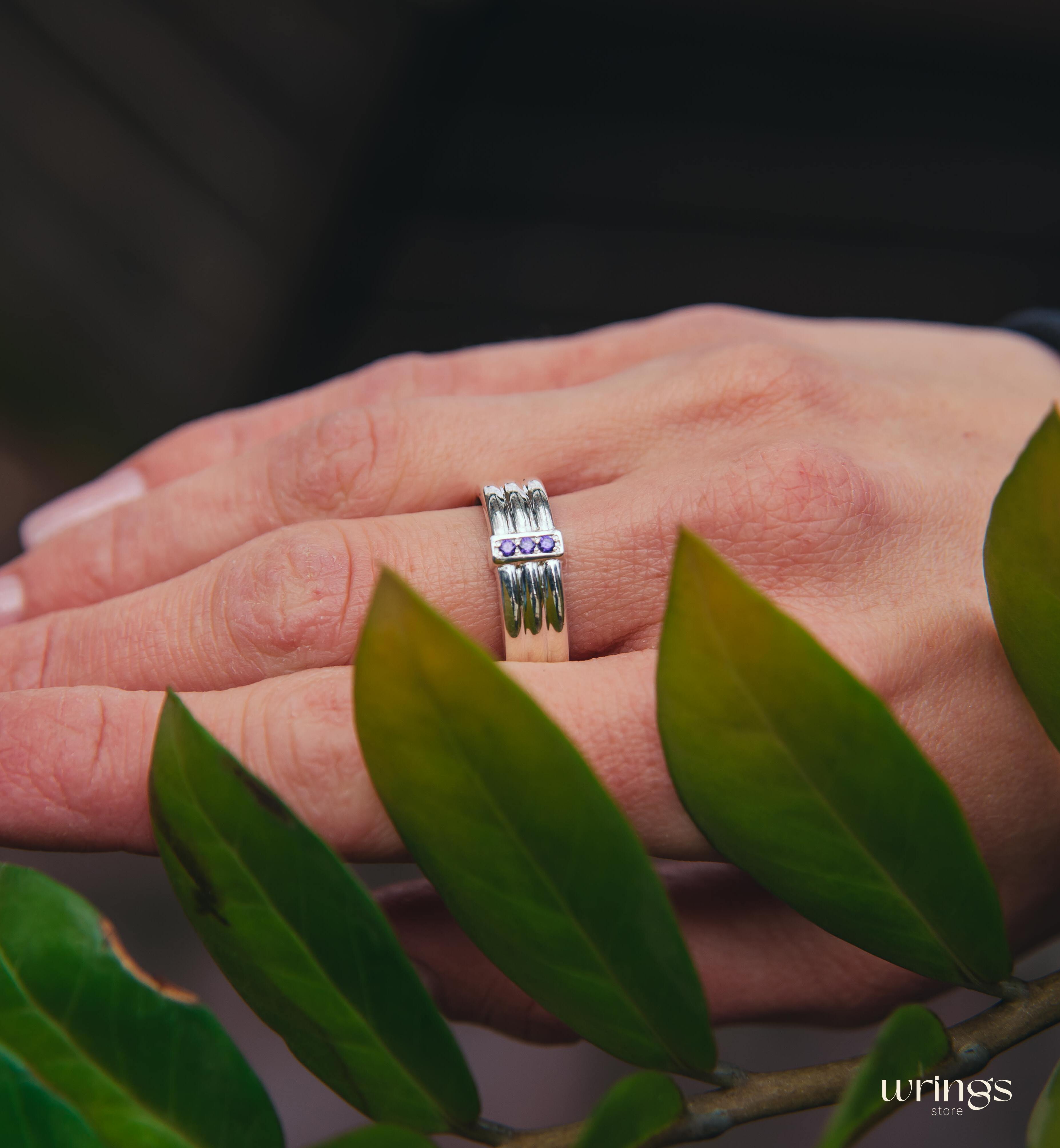 Three Amethysts Straight Triple Ring in Sterling Silver