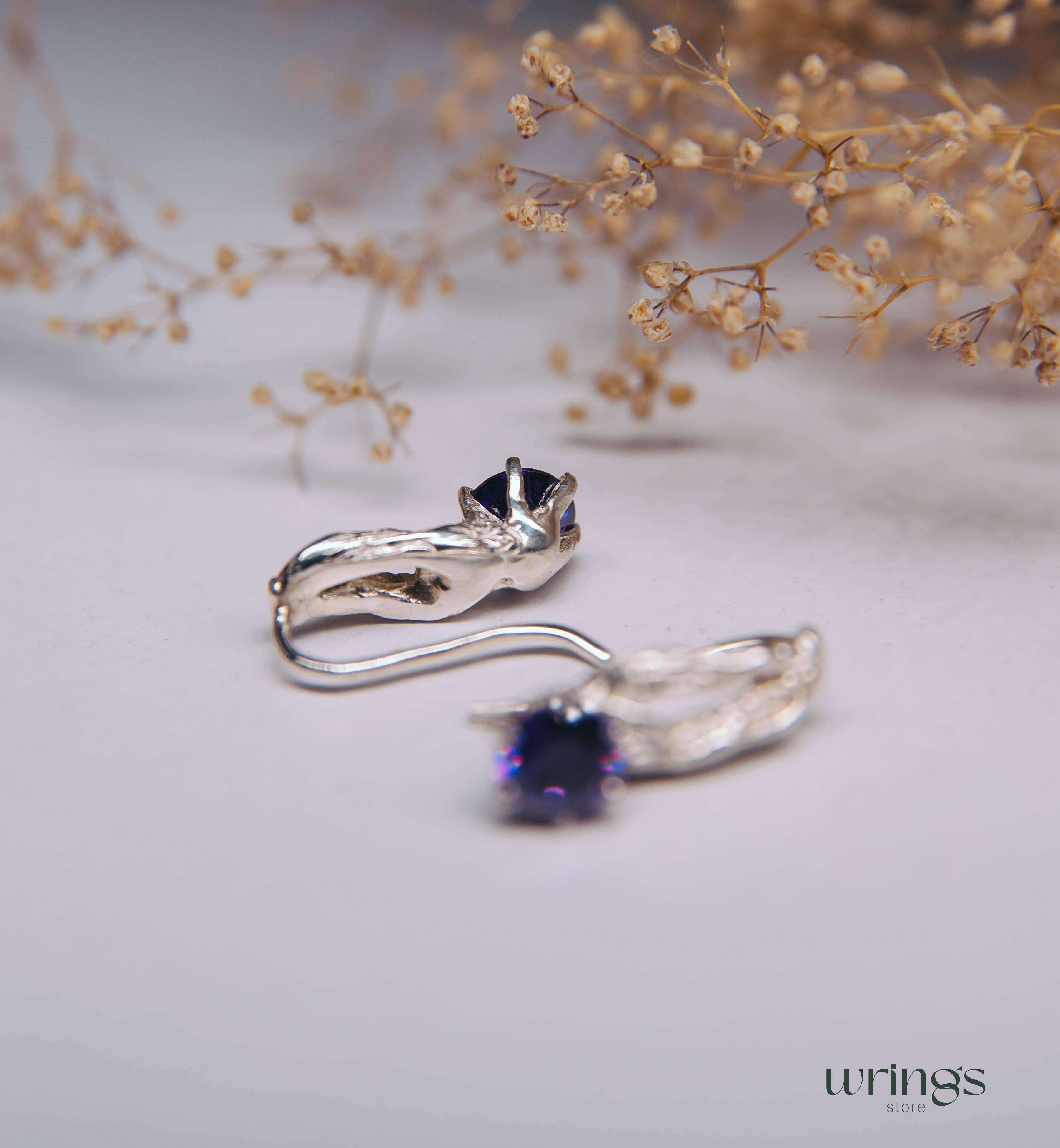 Amethyst Earrings Nature inspired Branch & Leaf Silver