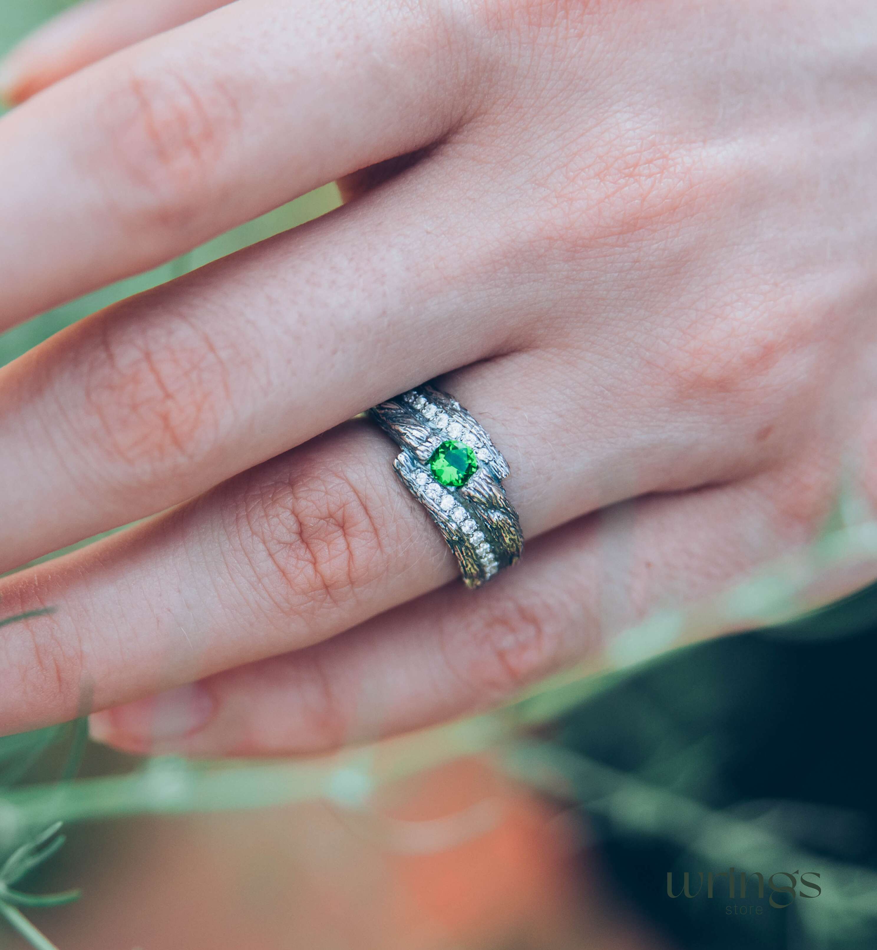 Wide Silver Branch Ring with Magic Emerald & Side CZ