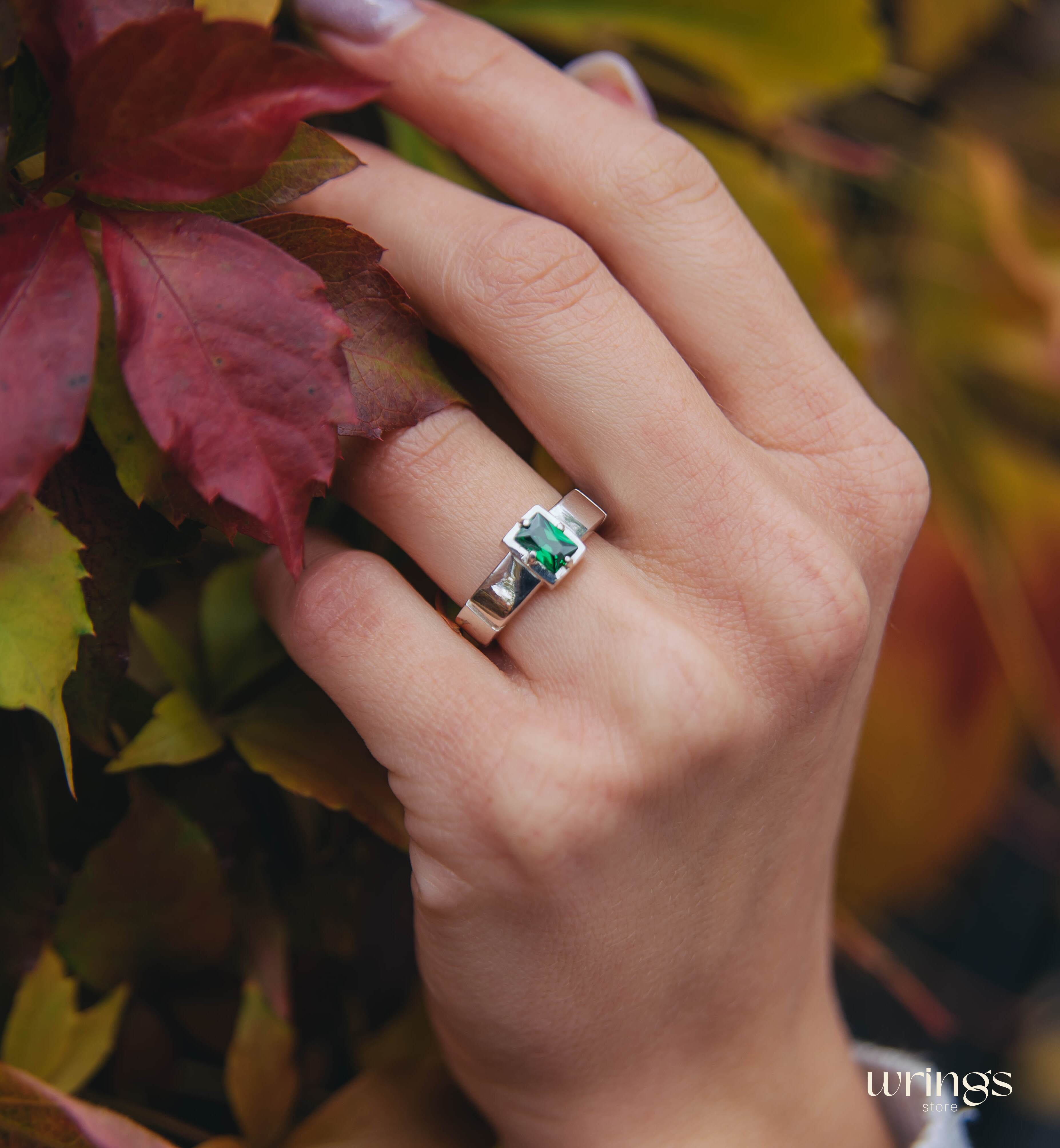 Solitaire Silver Wide Engagement Ring Octagon Gemstone