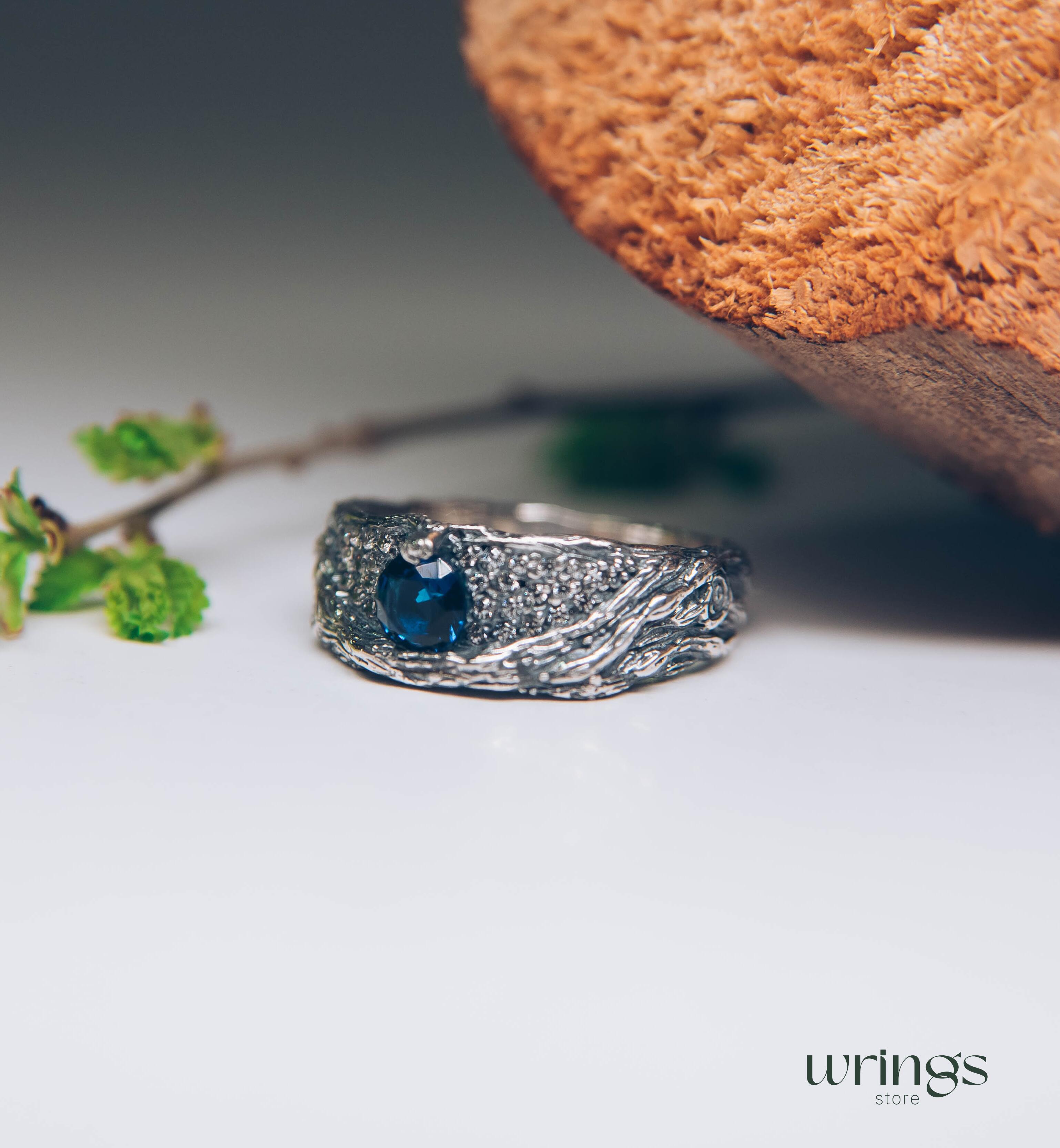Chunky Silver Branch & Sapphire Ring adorned with CZ Accents