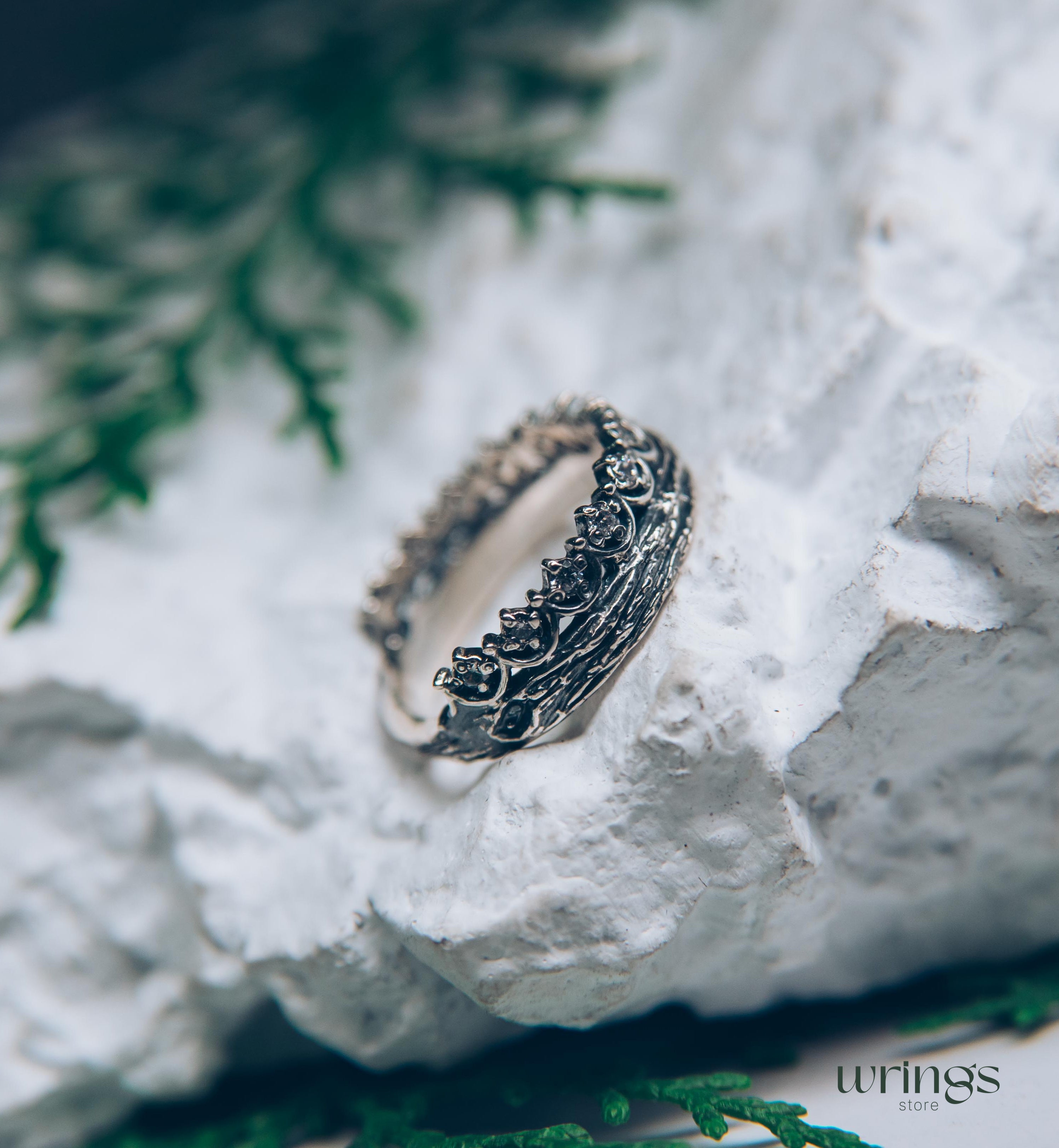 Princess Crown Wedding Ring with Gems & Twig Silver Band