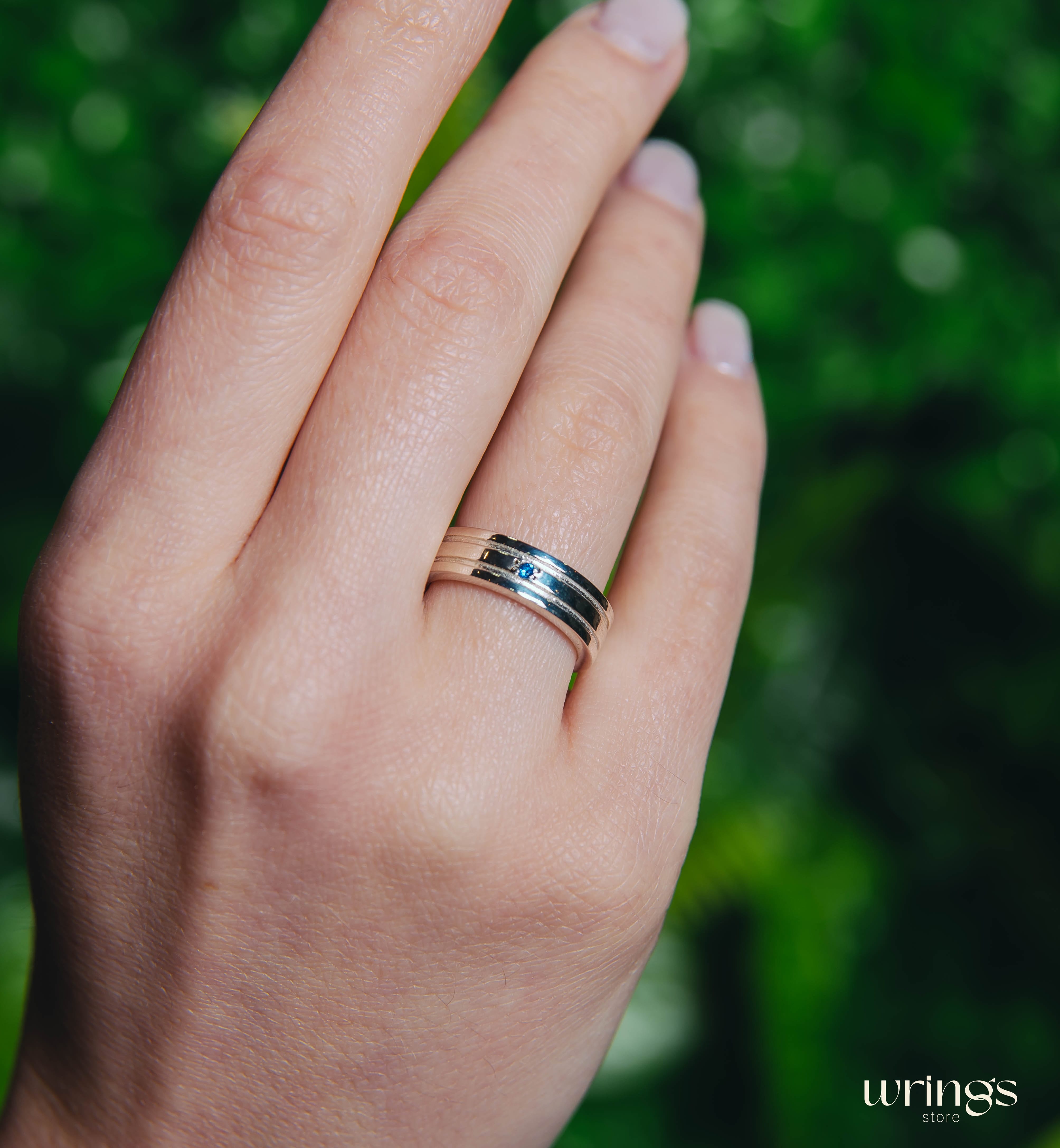 Womens Engraved Silver Wedding Band with Sapphire