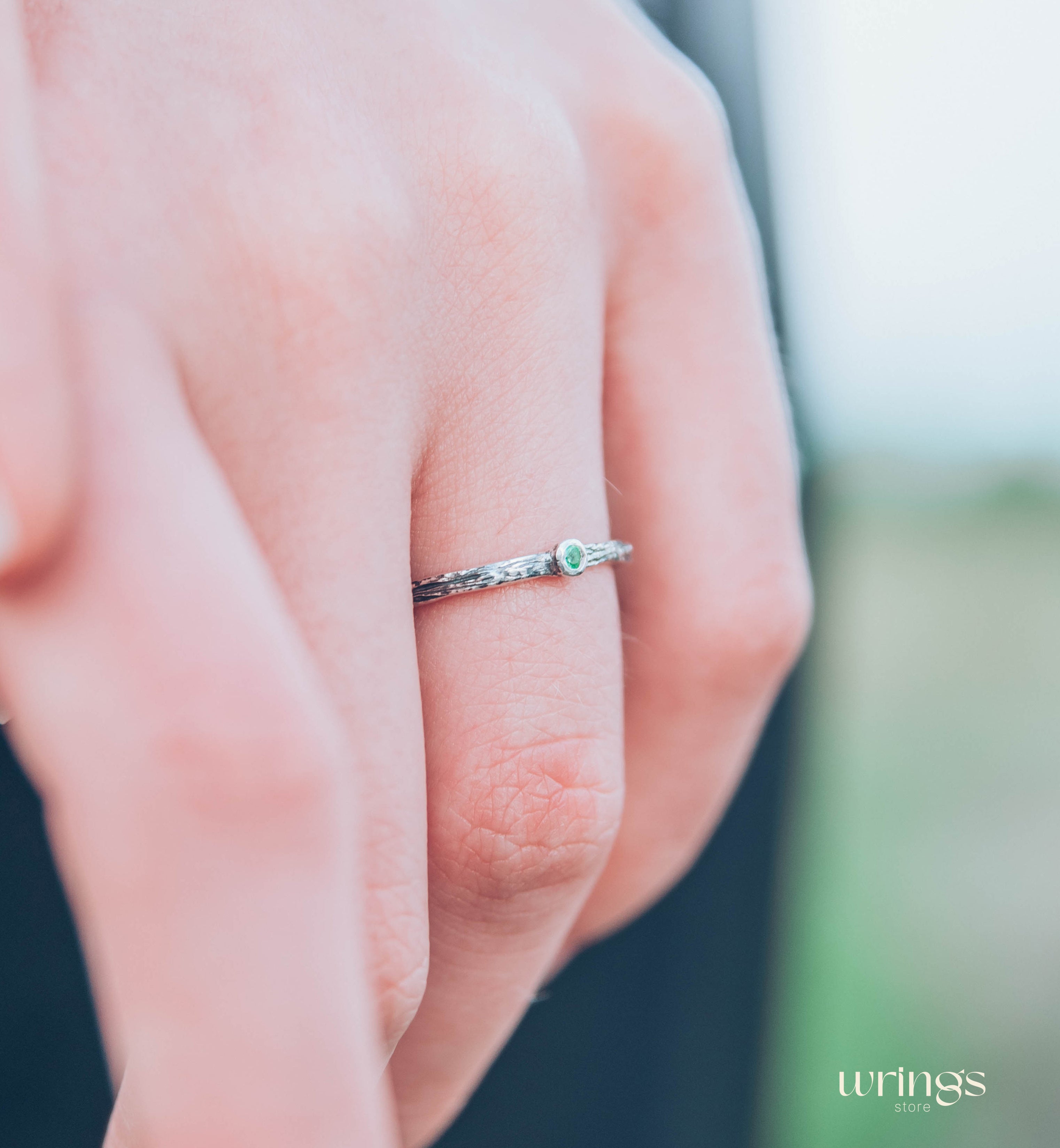 Extra Tiny Silver Branch Wedding Band with Emerald