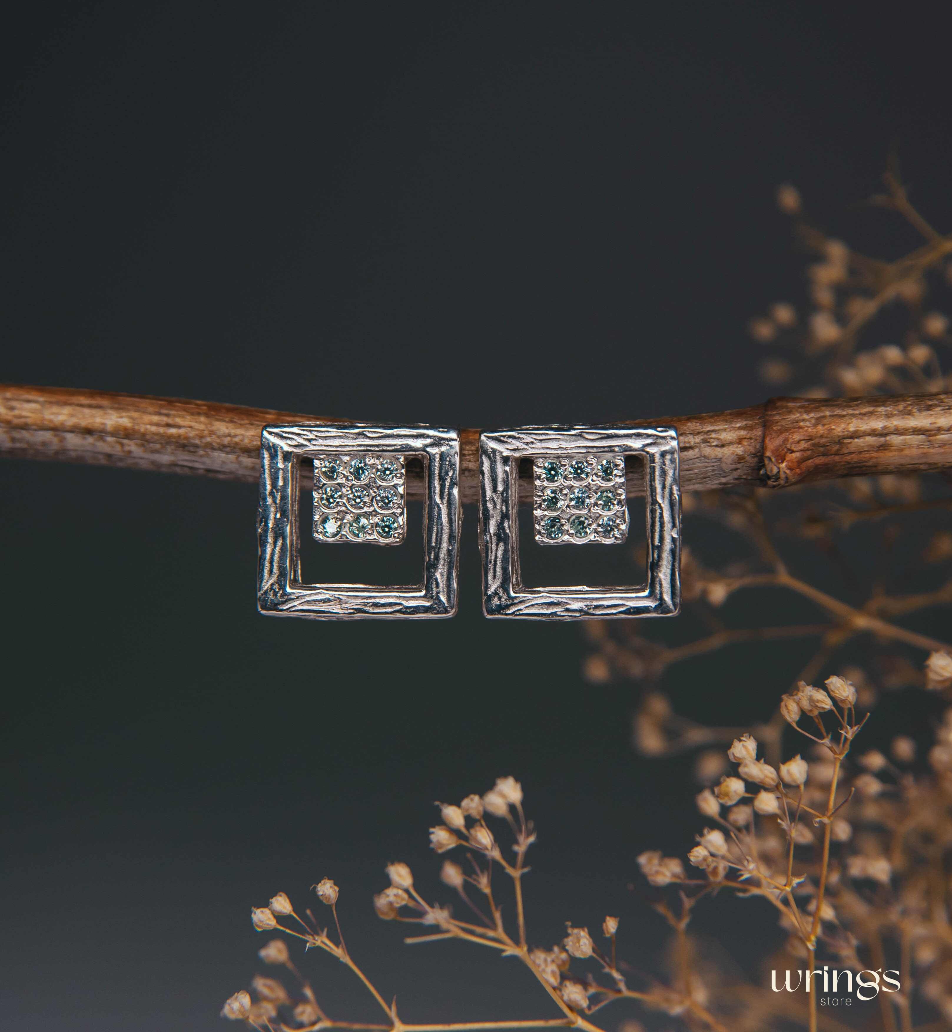 Open Square Shape Tree Silver Stud Earrings with Topaz
