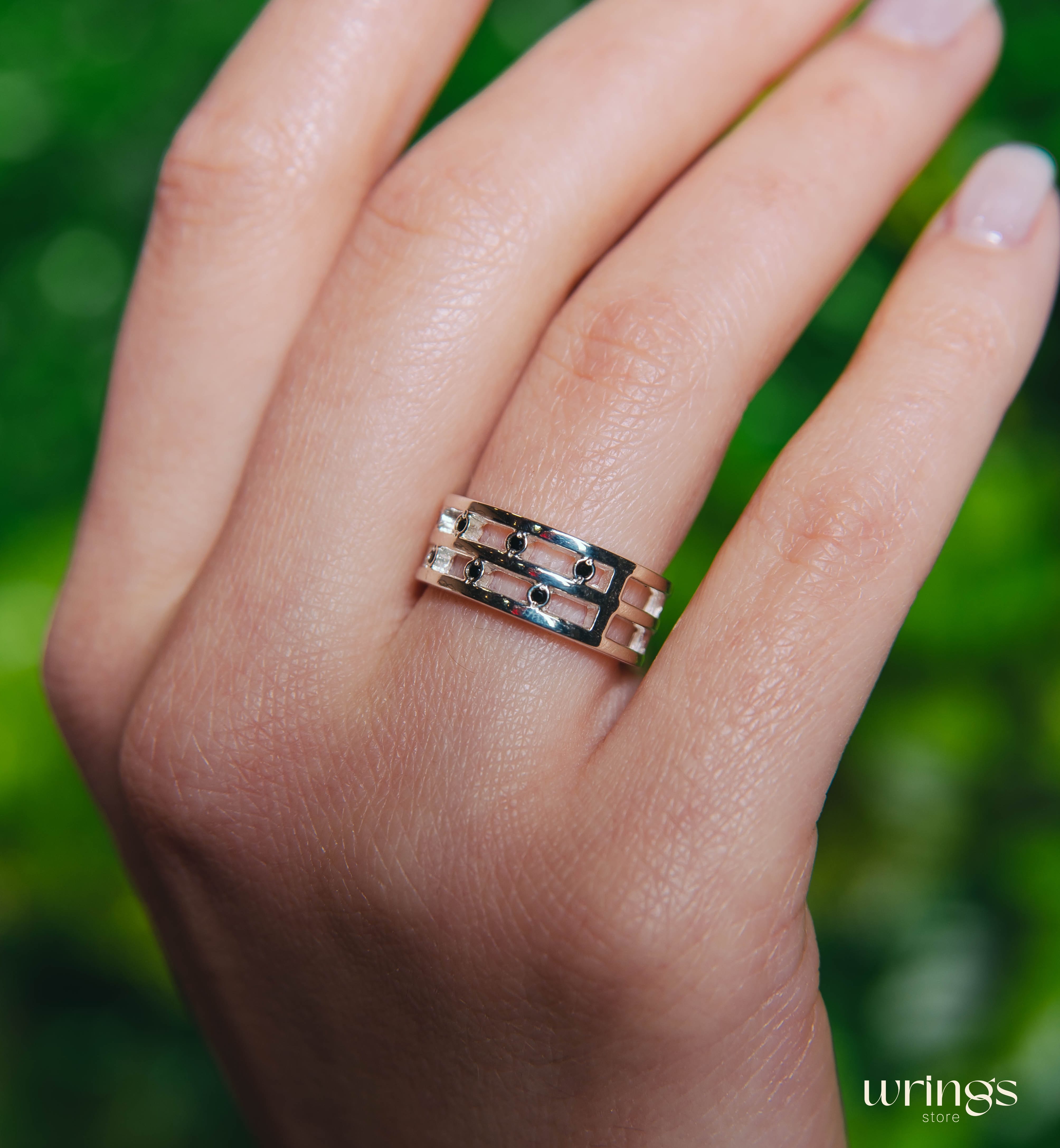 Stylish Black Diamond Band for Women Open Design Silver