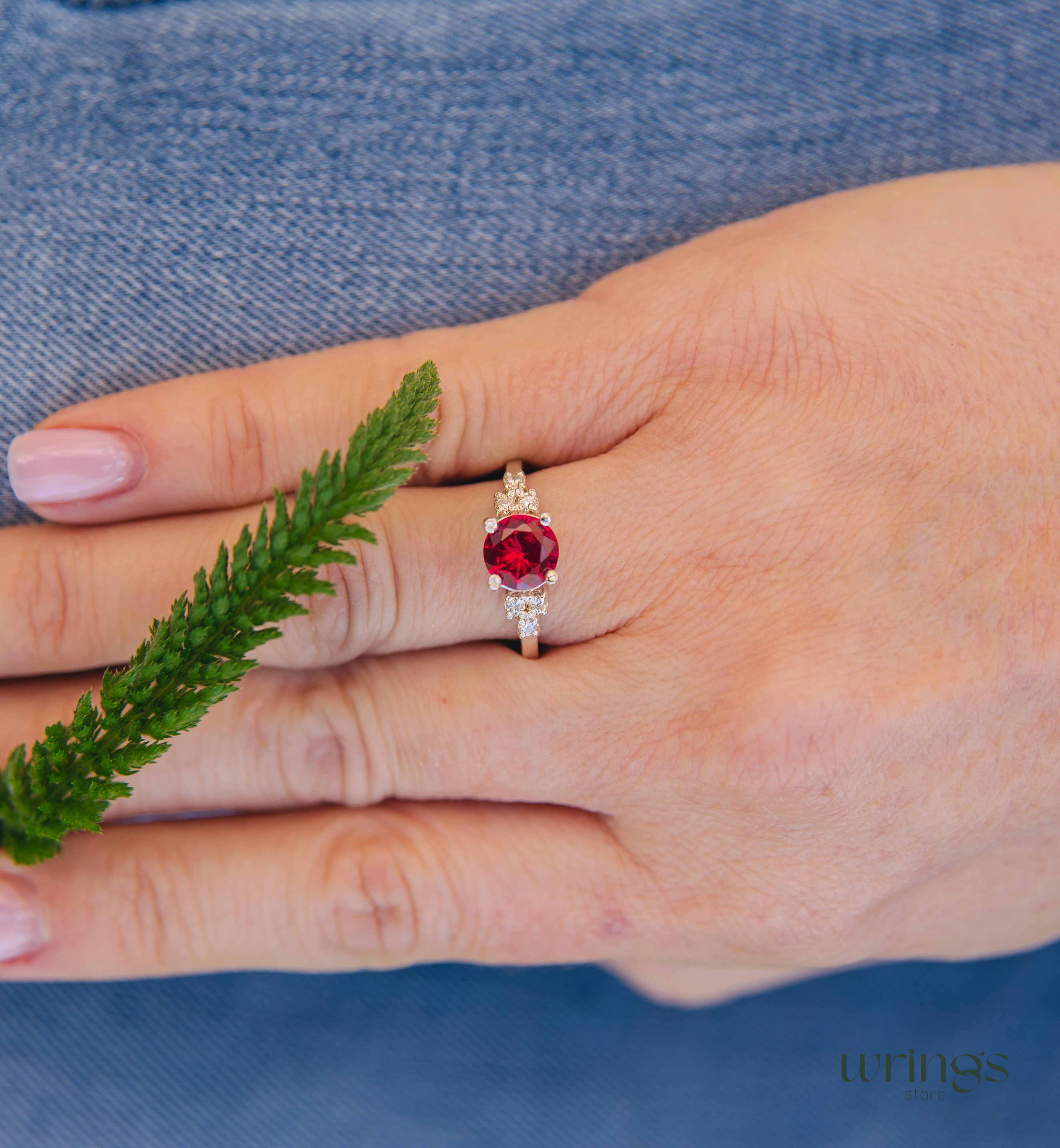 Large Simulated Ruby Engagement Ring Cluster Side Stones
