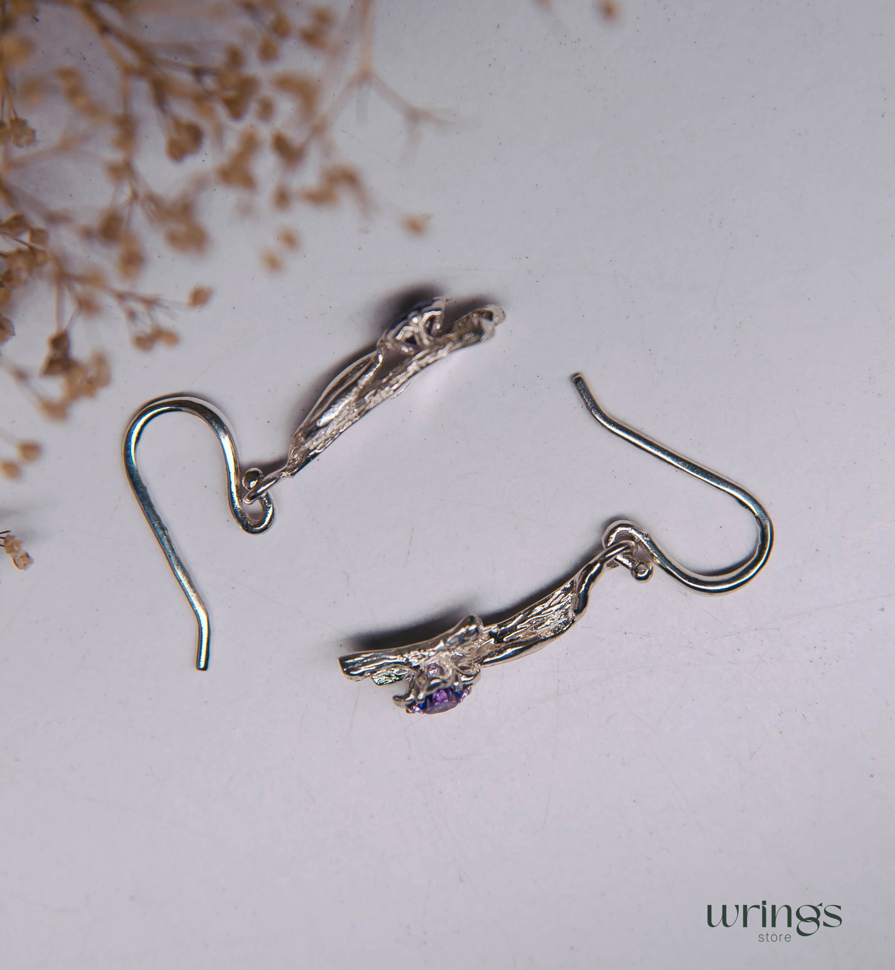 Amethyst Nature Earrings Flower Leaf and Branch Silver