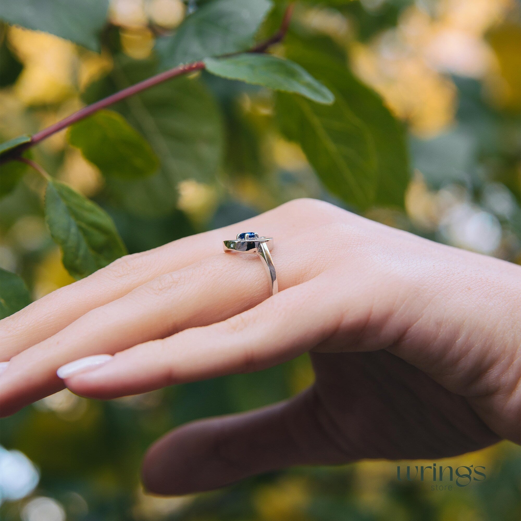 Blue Sapphire & CZ Silver Round Open Engagement Ring
