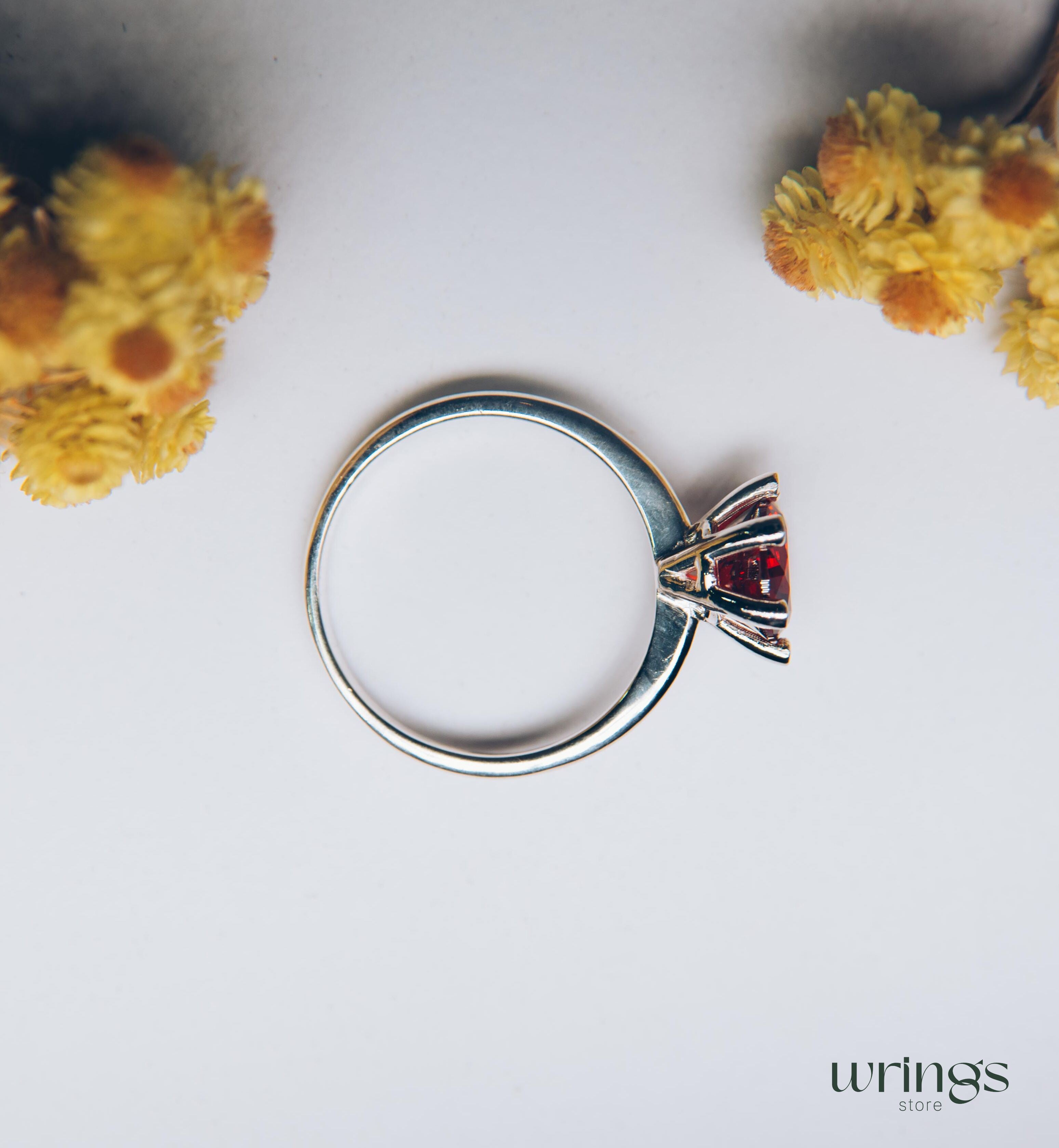 Large Red Round Garnet Solitaire Engagement Ring Silver