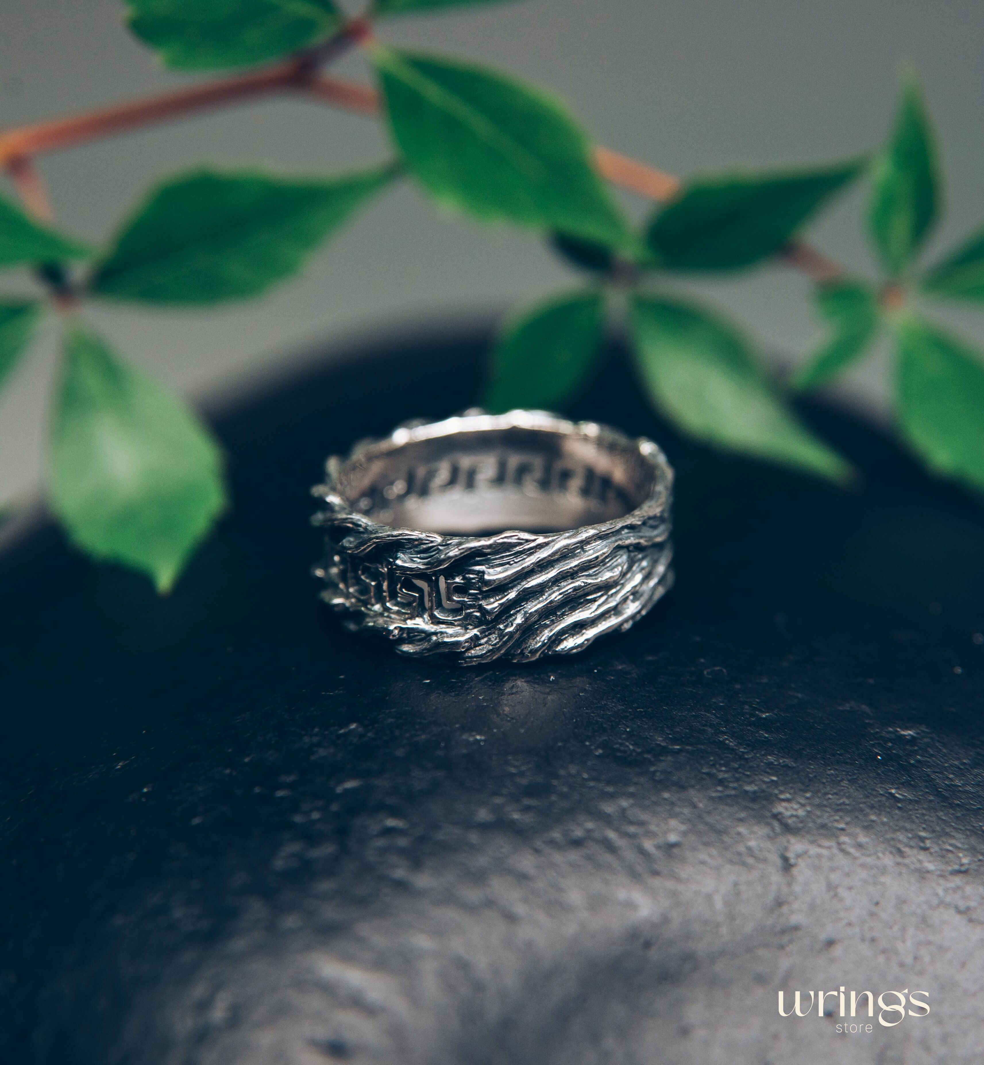Men's Greek key & Tree bark Silver Wedding Band
