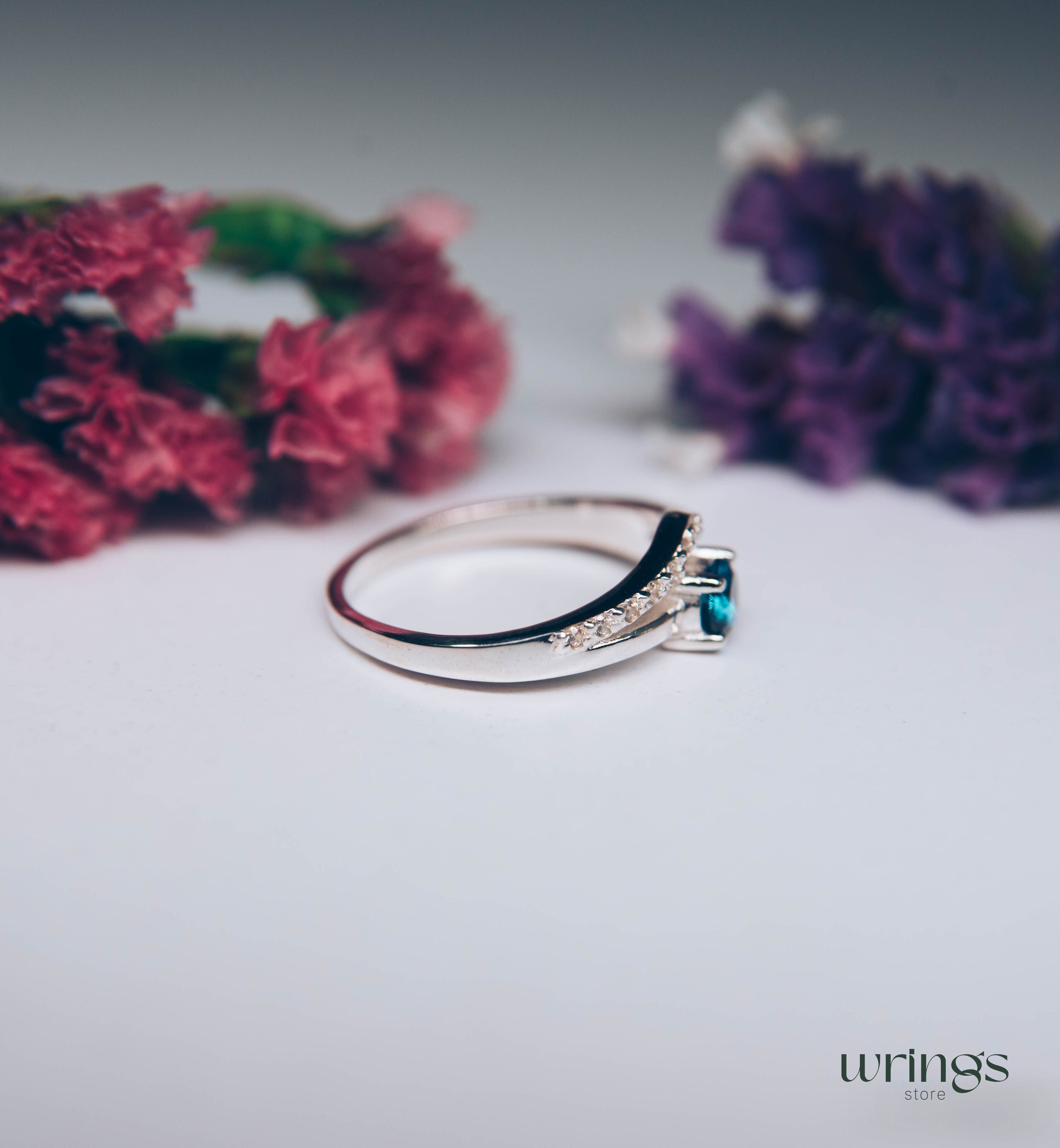 London Blue Topaz Chevron Engagement Ring Silver & CZ