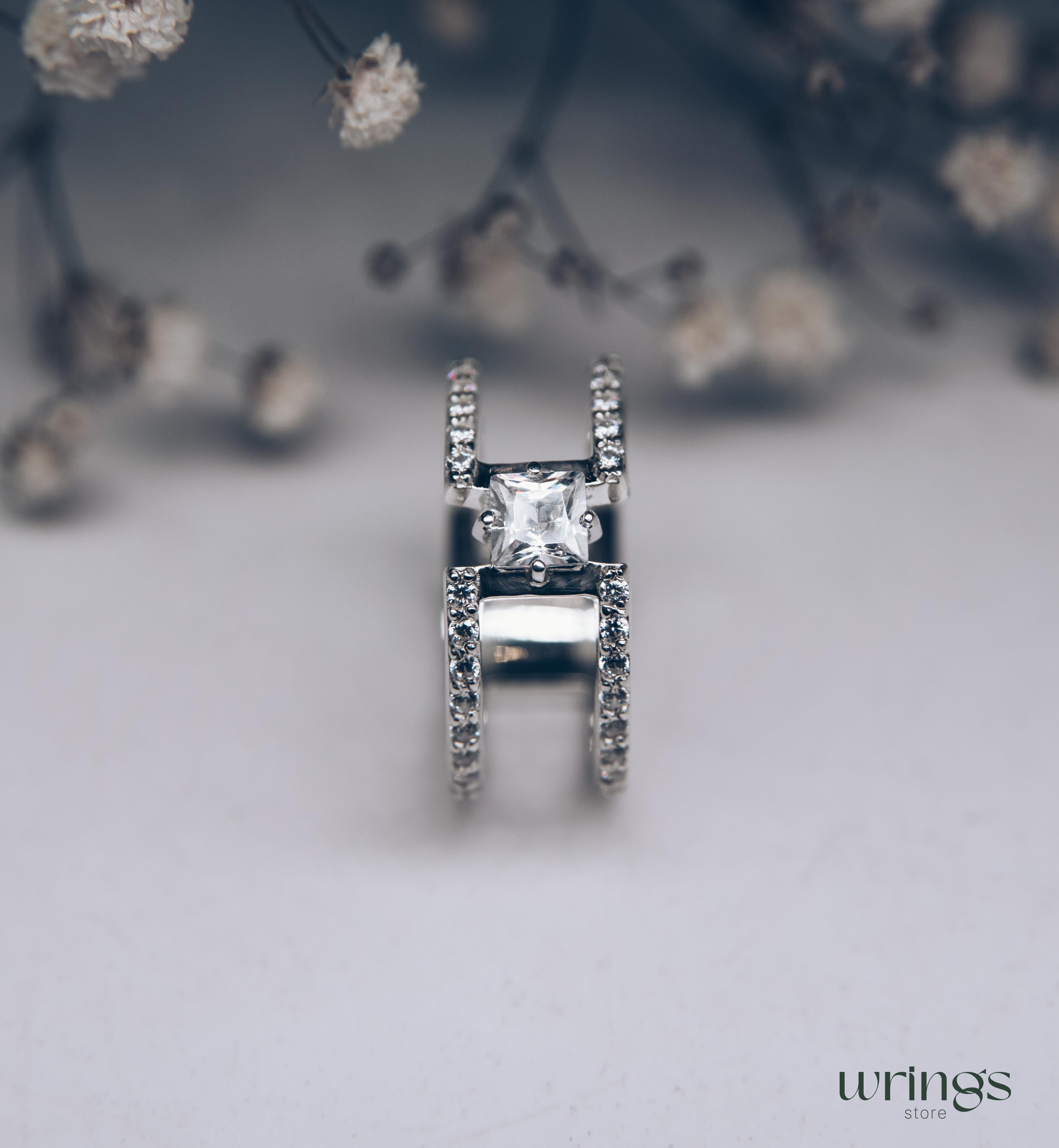 Double Band Silver Cocktail Ring Square Faux Diamond