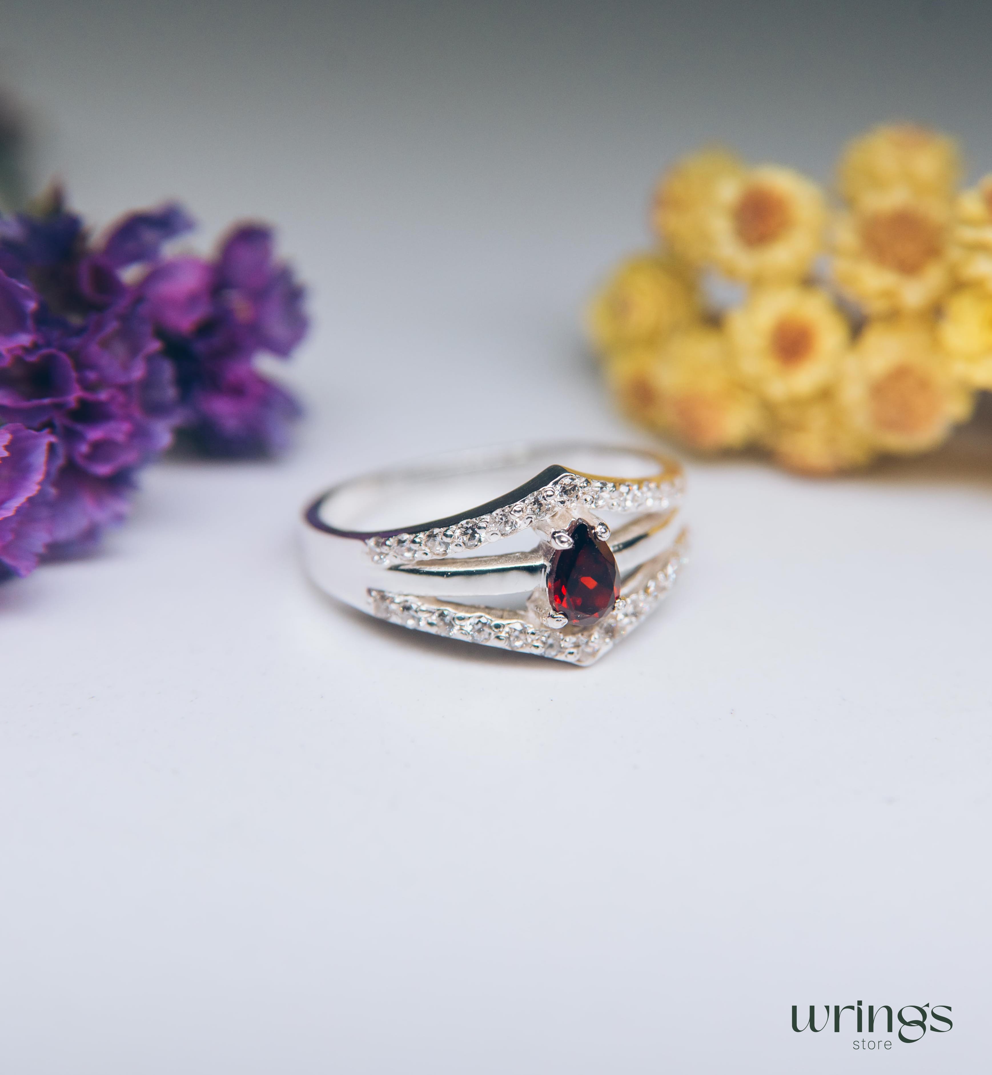 Pear Garnet Statement Ring Silver Double V shaped