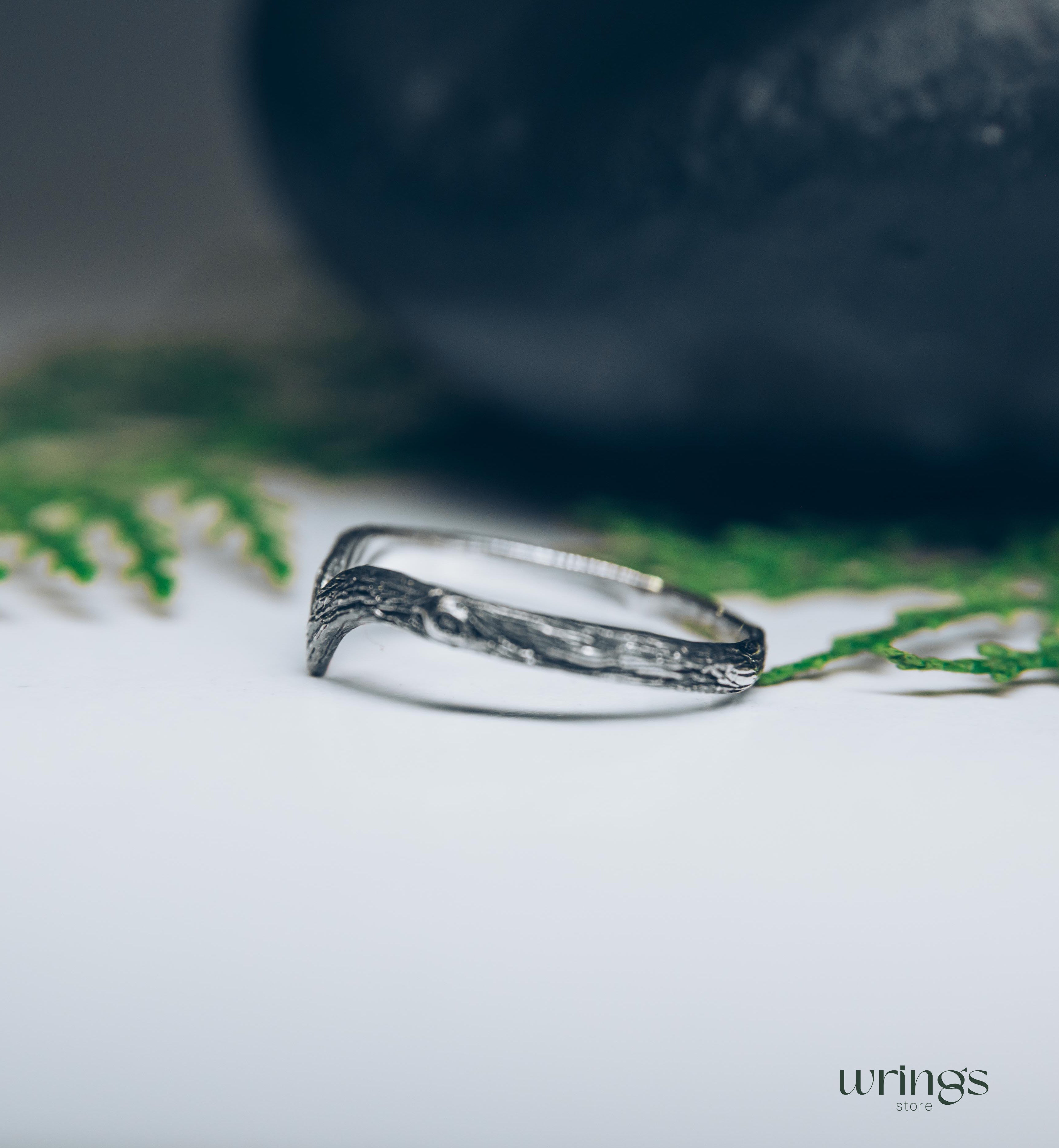 Tree bark Silver Simple Chevron Wedding Band