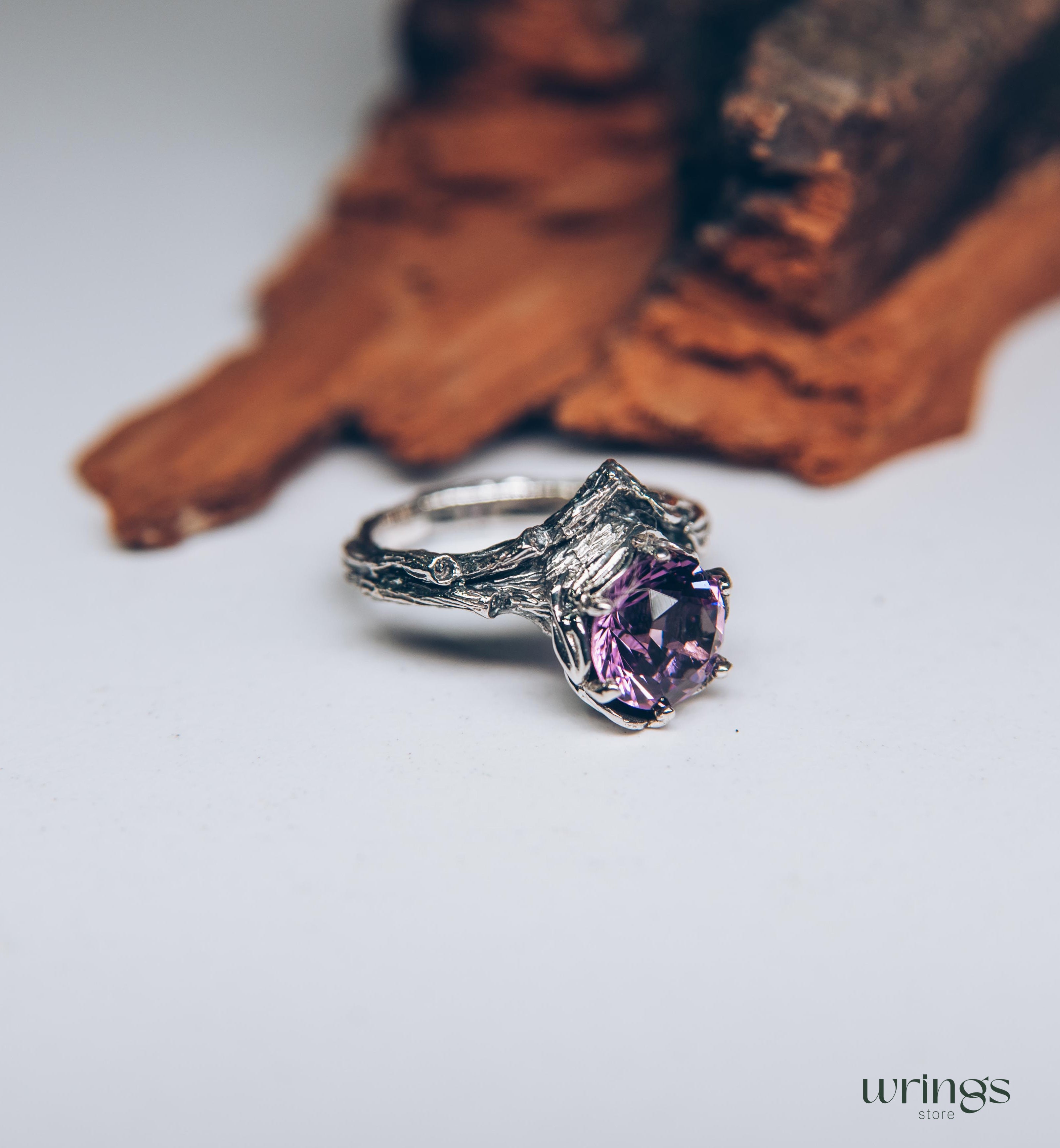 Big Amethyst Chevron Statement Ring & Leaves on a Silver Branch