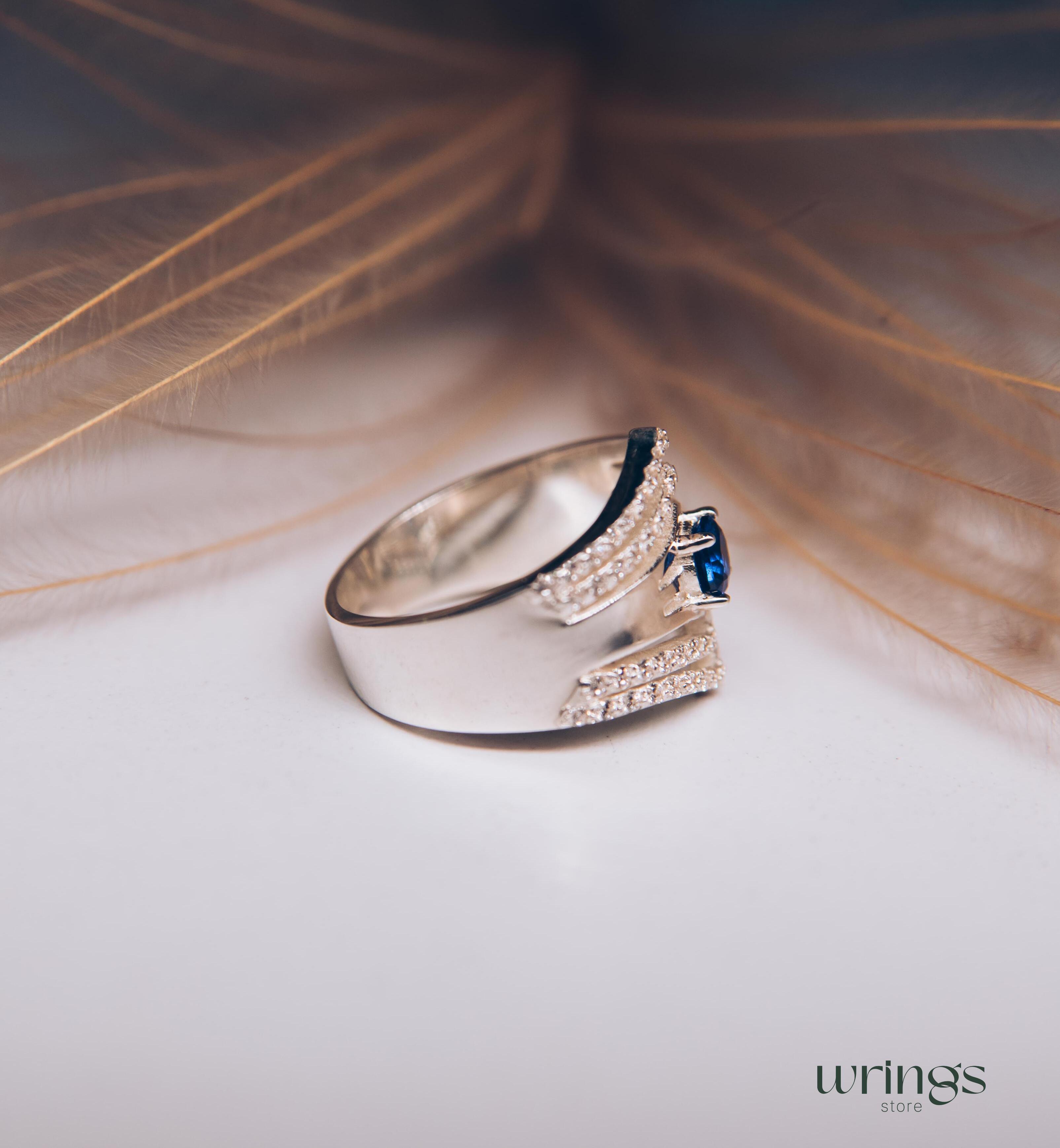 Double Chevron Band LG Blue Sapphire and Diamonds CZ